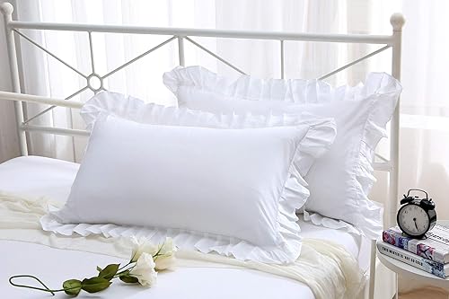 Miniatura 5 de Fundas de almohada con volantes, color blanco, tamaño Queen, 2 unidades, algodón egipcio de 20 x 30 pulgadas, suaves y gruesas