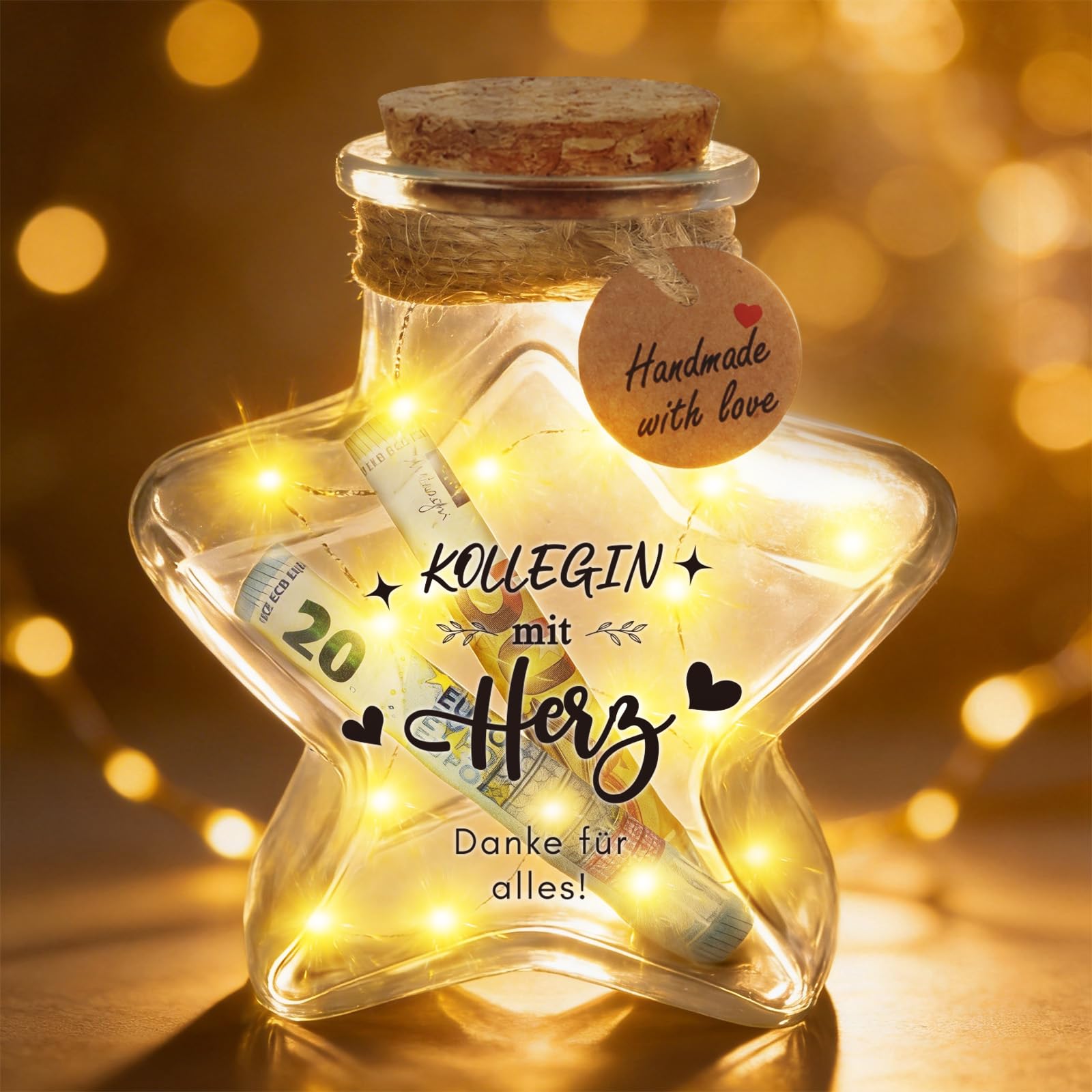 Giftota Kollegin Geschenk - LED Flaschenlicht Sternform Geldgeschenk - Dankeschön Geschenkideen - Abschiedsgeschenke für Kollegen - KOLLEGIN mit Herz Danke für alles