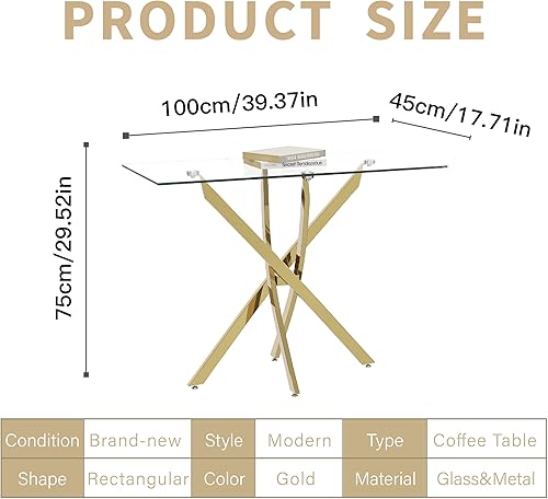 Miniatura 7 de Mesa consola de vidrio templado con patas cromadas, moderna mesa de sofá estrecha para entrada de pasillo (dorado, 39 x 18 x 30 pulgadas) Oro,Negro