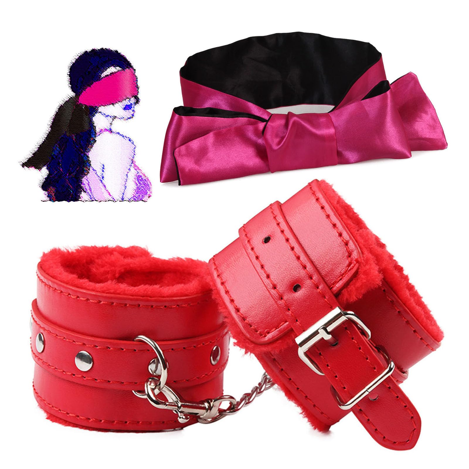 Generico Manette in pelle e peluche BDSM e cinghia per benda, popolare set di allenamento bondage per giochi di coppia - LC15ITW