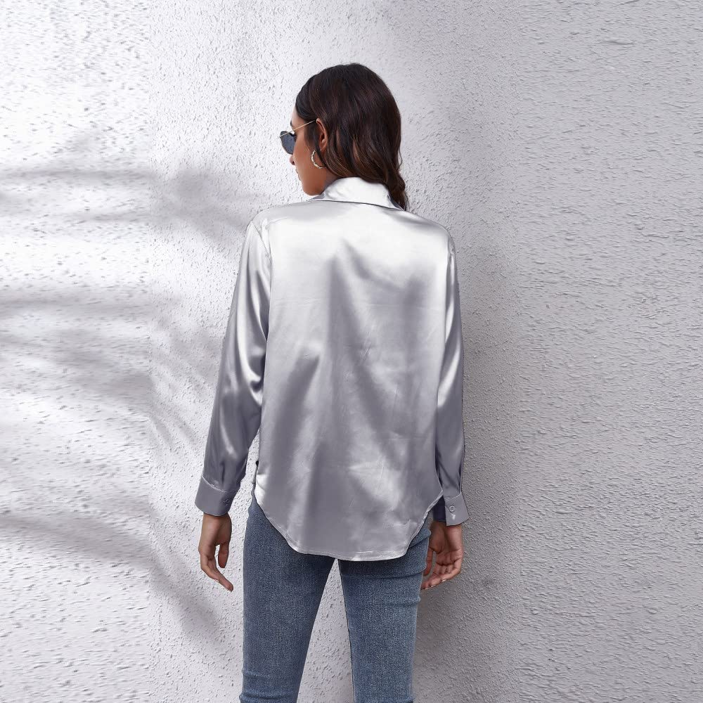 Damenkorsett Mit Langen Ärmeln,Damen Satin Bluse Hemd Grau Langarm Vintage Mode Seidenhemden Business Hemd Mit Knopf Sexy Party Tops Lässige Arbeit Büro Bluse Für Mädchen Damen
