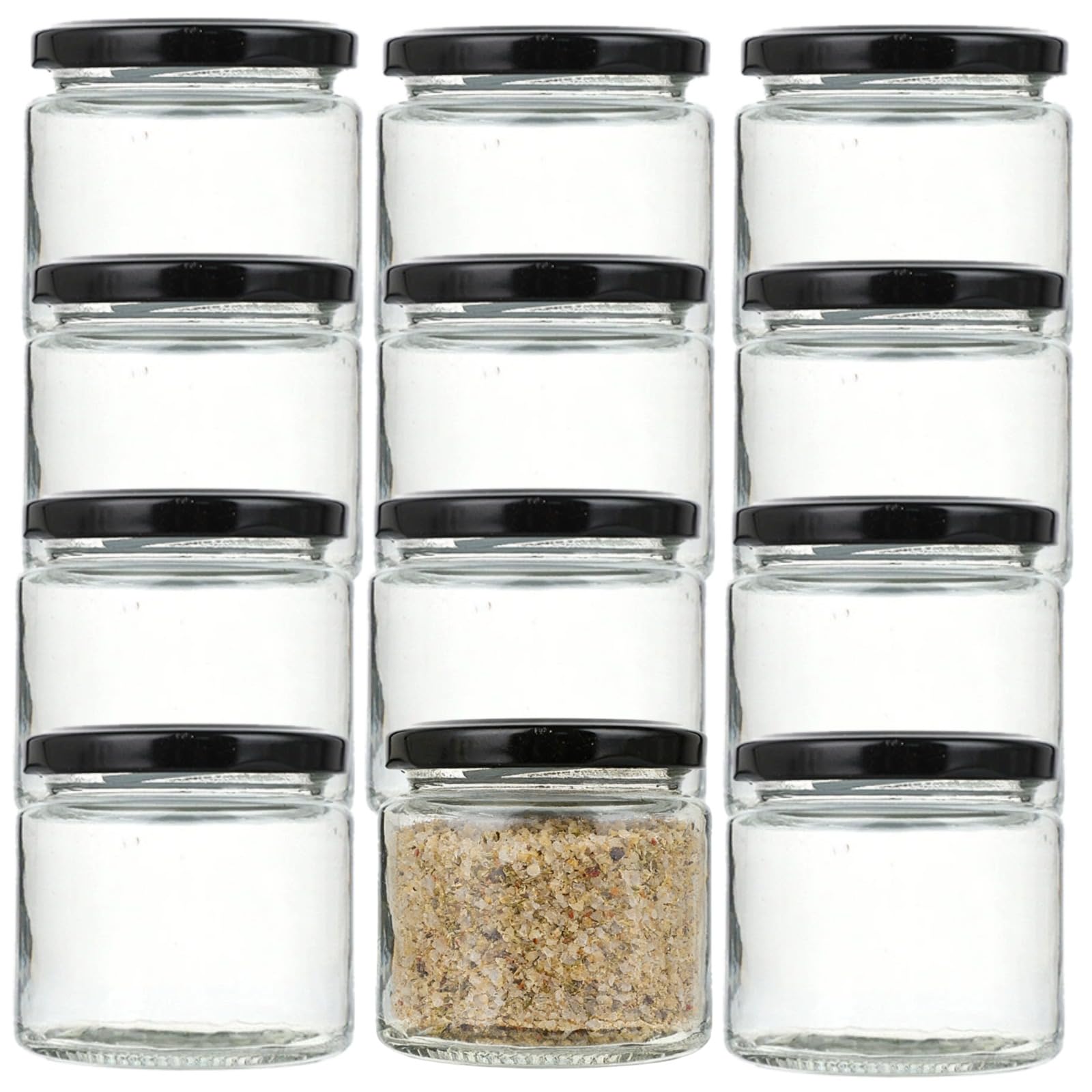 12 Stück Glasbehälter, 150 ml, rund, lebensmittelecht, mit schwarzem Deckel, BPA-frei, für Marmelade, Honig, Hochzeitsgeschenke, kleine Gläser, 6,8 x 6,5 cm