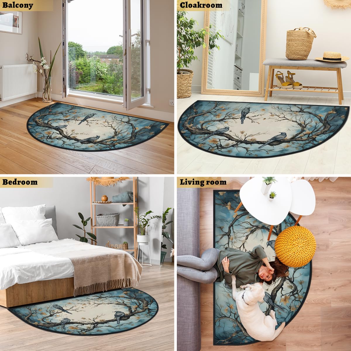 Mexpekil Paillasson demi-rond antidérapant lavable en demi-lune avec motif de branches d'arbre et d'oiseaux, pour intérieur et extérieur, 100 x 160 cm
