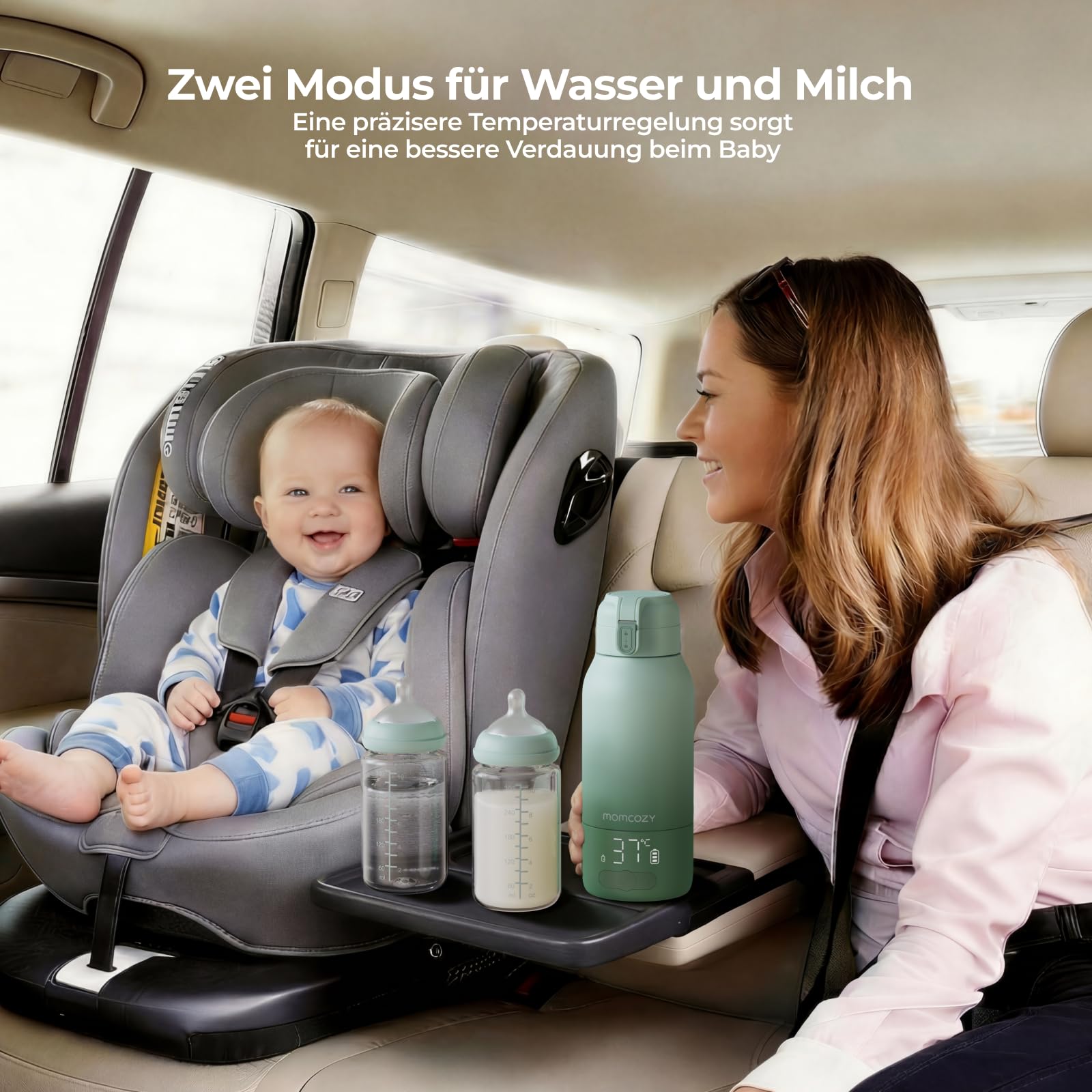 Momcozy MW05 Tragbarer Flaschenwärmer Baby 500ml Kapazität Akku TÜV-CE zertifiziert Schnellaufheizen 3 Min BPA-frei USB-C Kabel Grün