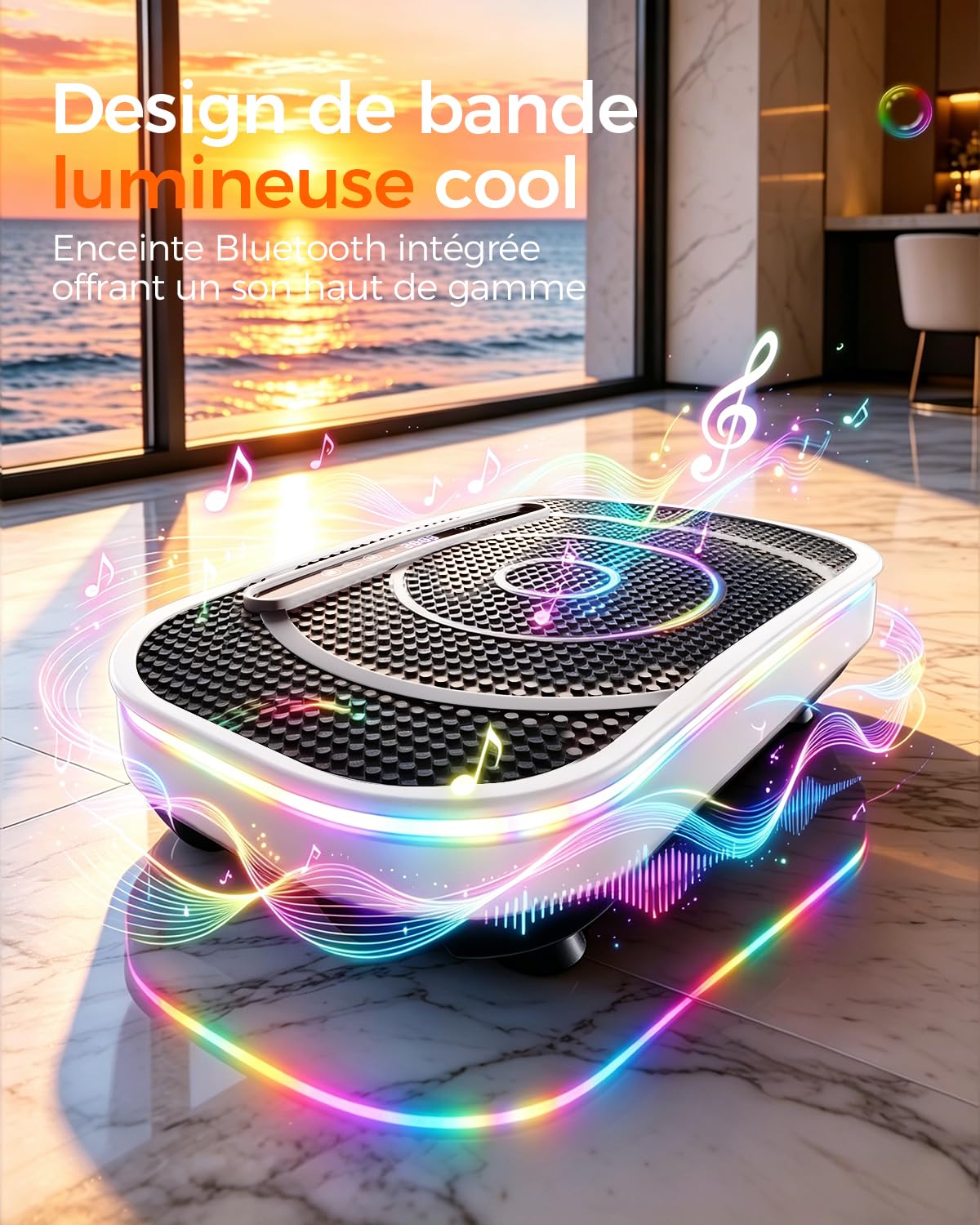 Plateforme Vibrante, Plaque Vibration Plate Fitness Équipement Sport Maison Entraînement Musculation, avec 4 Bandes de Résistance 120 Niveaux d'Intensité Haut Parleur Bluetooth