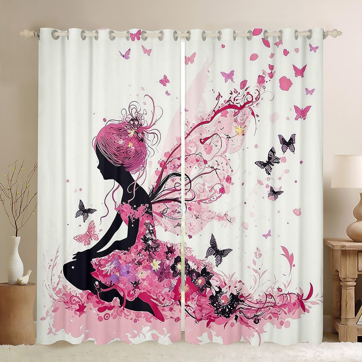 feelingyou Butterfly Wings Blackout Curtains,Pink Flowers Curtain,Princess Butterfly Window Drapes for Kids Teens Boys Young Man,Modern Bedroom Decorative,Painting Art Curtain,46Wx54L