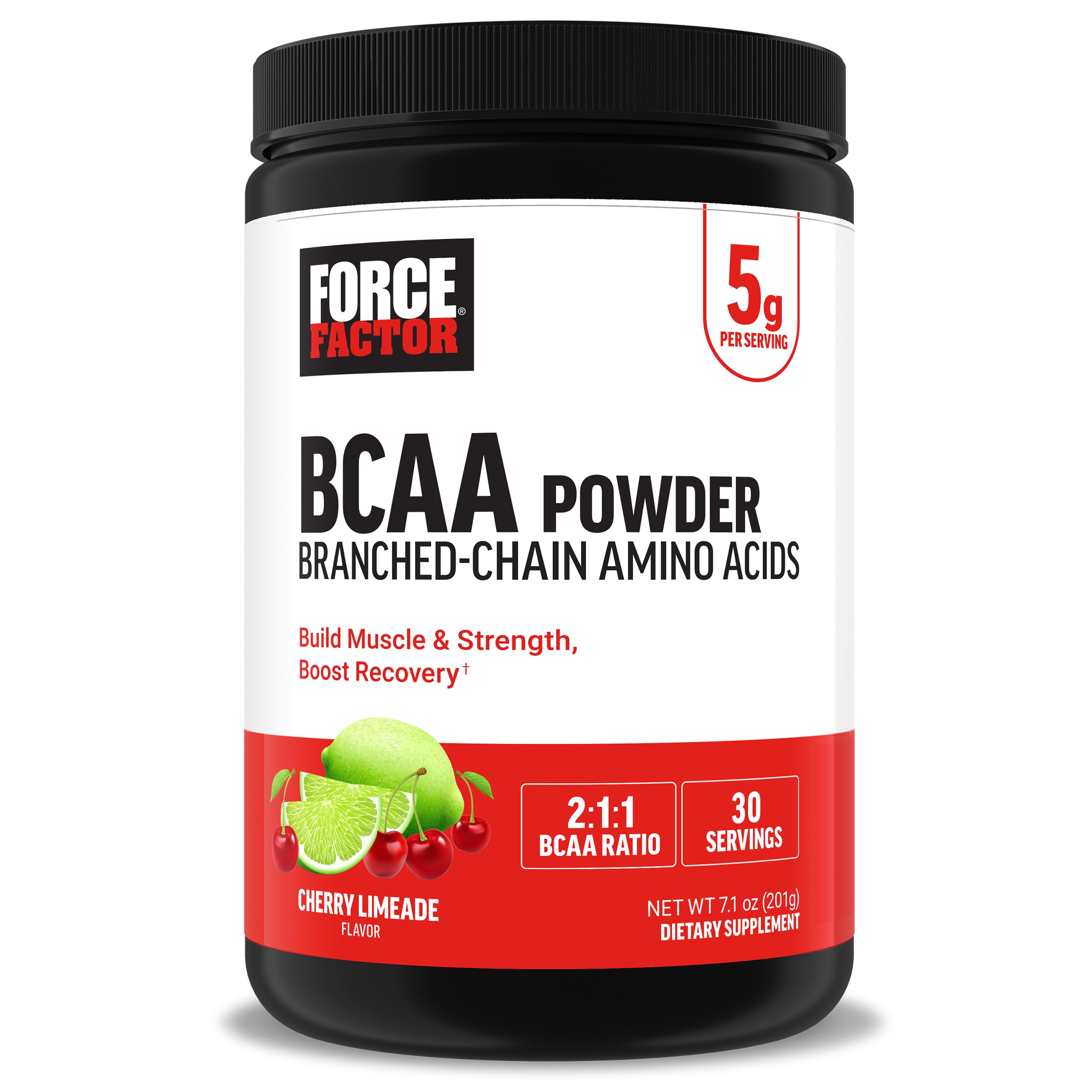 Force Factor BCAA Amino Acids Supplement 2:1:1, Delicious and Refreshing BCAA Powder to Support Muscle Recovery and Performance, No Artificial Colors or Flavors, Cherry Limeade, 30 Servings