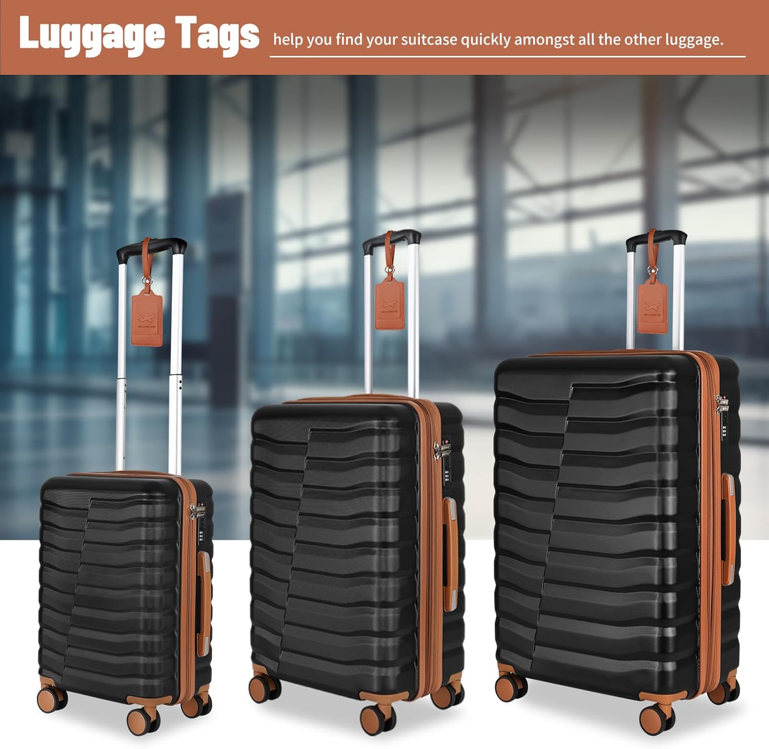 5-Piece Lightweight Luggage with Backpack Sets, ABS+PC Hard Shell Suitcase with TSA Lock & YKK Zipper (Black Brown, 20in/24in/28in/BP/TB) - Image 3