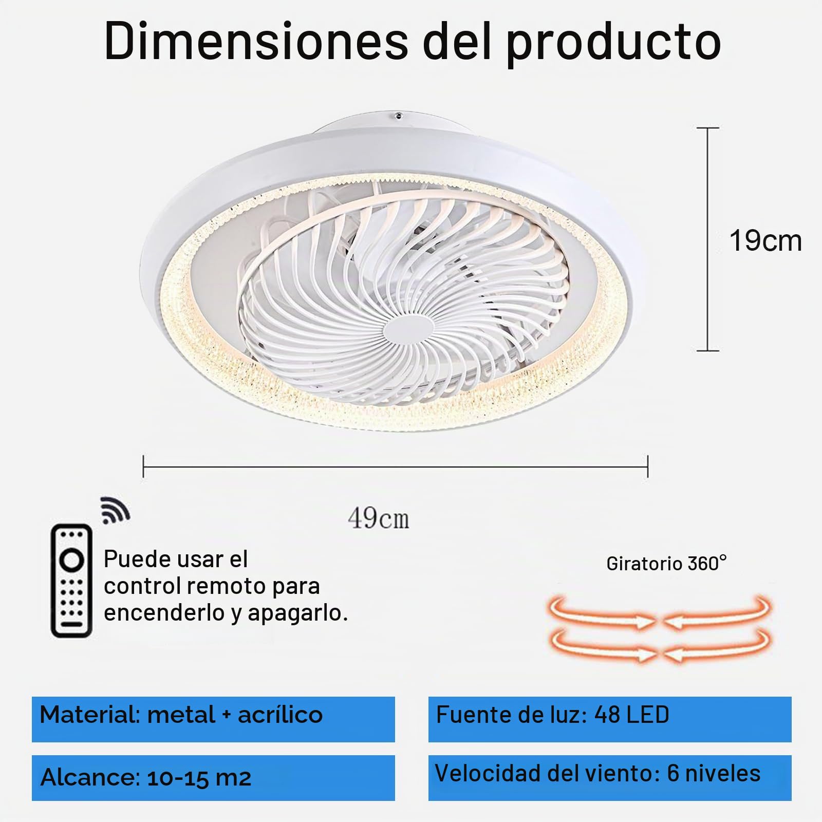 Lampara de techo ventilador silencioso, giratorio 360°, LED inteligente, con control remoto, regulable de velocidad, 72w, con función de iluminación ajustable