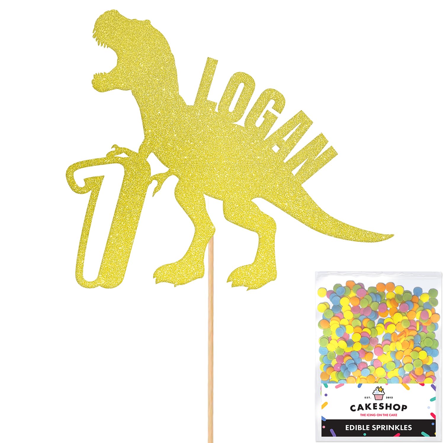 Personalised Birthday Dinosaur Glitter Cake Topper- Champagne Any Name & Age Glitter Cake Decoration and Sprinkles - Happy Birthday Decorations - Personalised Toppers for Cakes by Cakeshop
