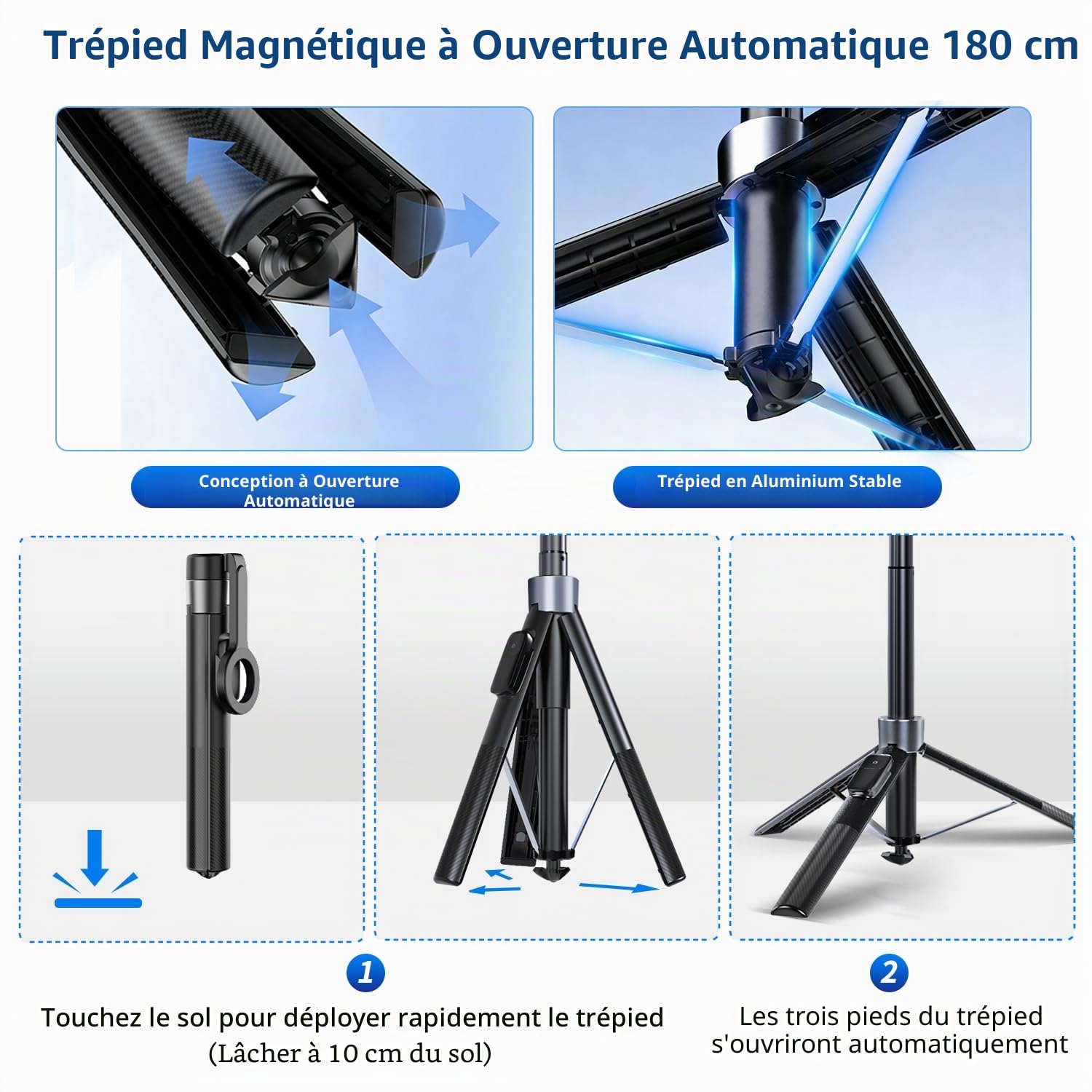 yAyusi Kit de Vlogging Magnétique 3-en-1 pour iPhone/Android, Kit Youtuber Complet, trépied magnétique, Microphone, télécommande, Perche à Selfie de 180 cm avec lumière