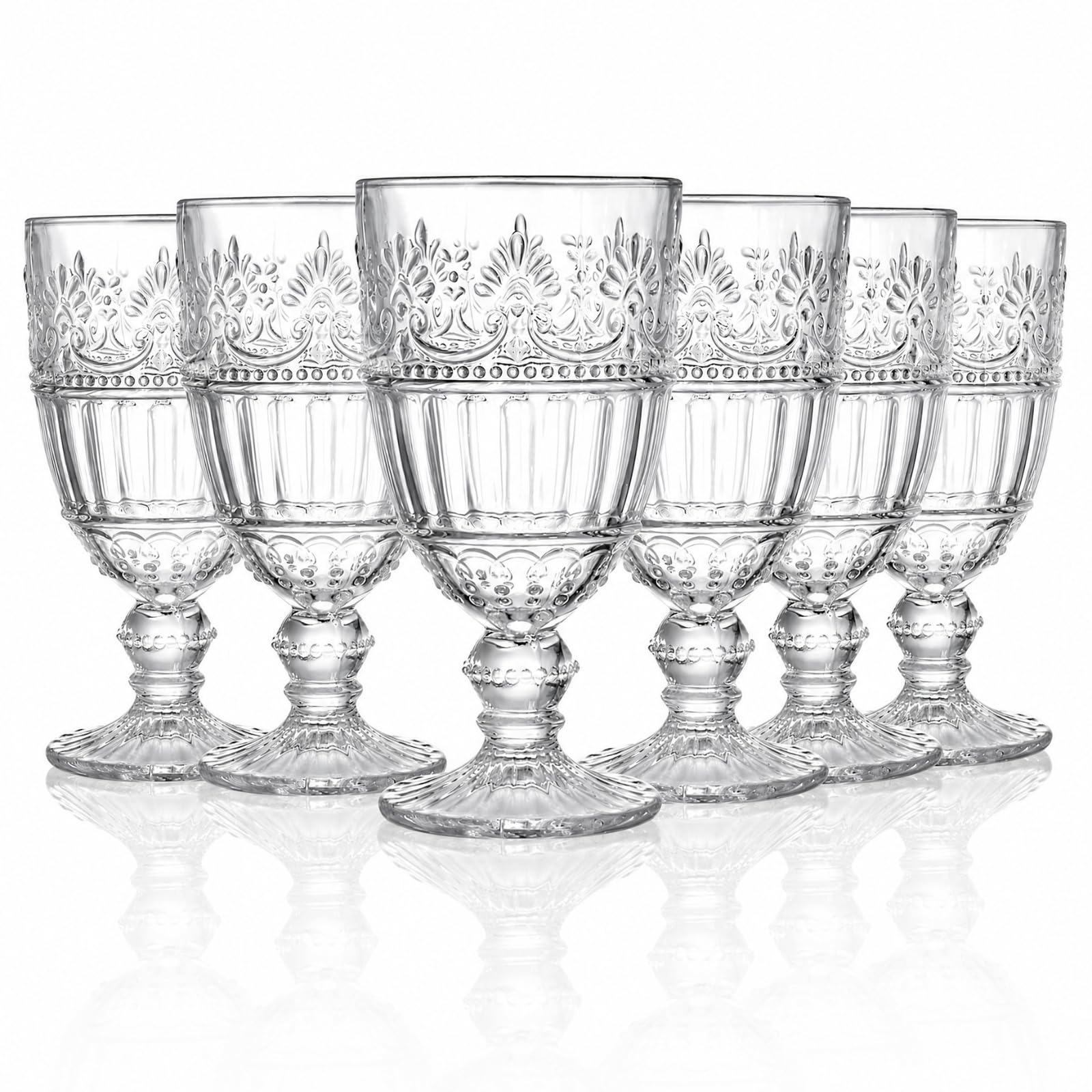 AVLA Paquete de 6 copas de vidrio, copas de vino vintage de 12 onzas, juego de copas románticas de boda, vasos de bebidas para fiestas, bares, champán, jugo, cerveza, cóctel, diseño en relieve