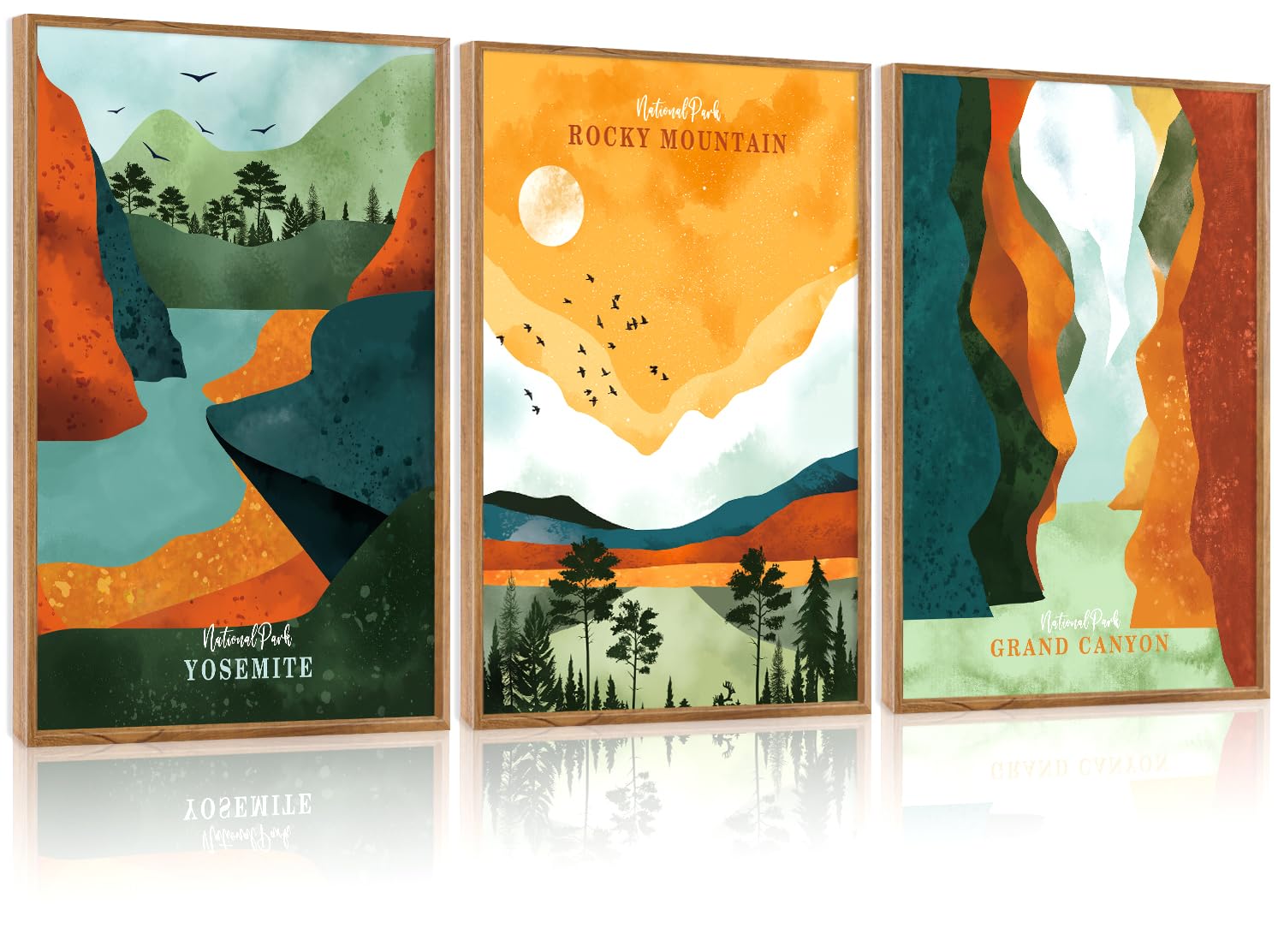 CHDITB National Parks Framed Wall Art Set Of 3,Vintage Artwork Grand Canyon Wall Decor, Yosemite Mountain Wall Painting,Watercolor Nature Art Prints For Bedroom Living Room Office Decor(12X16 Inch)