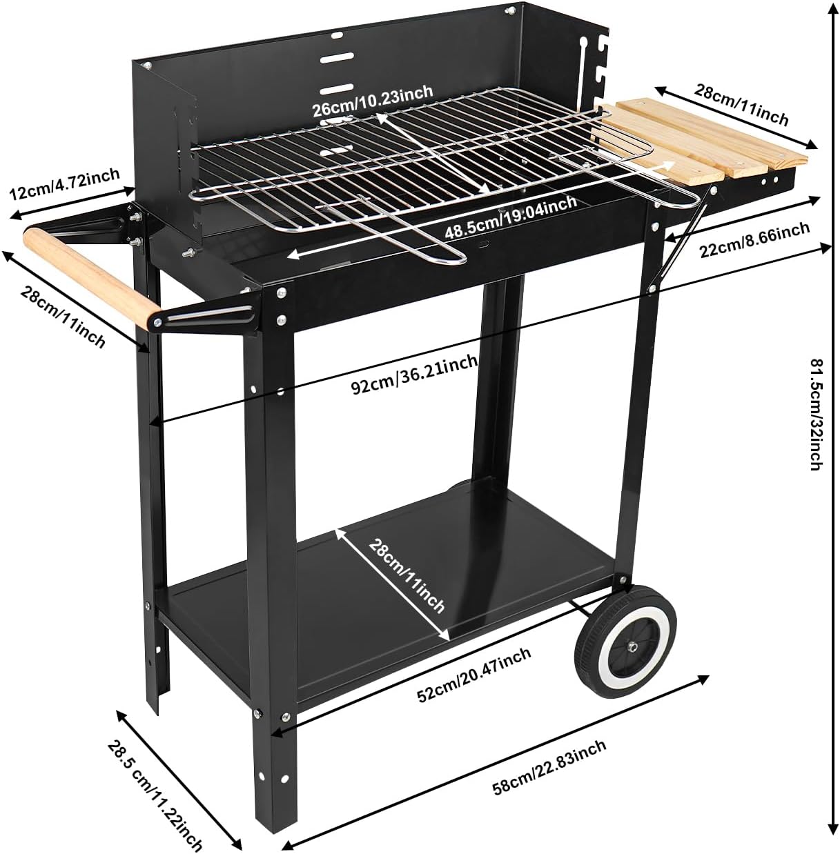 Charcoal Grill: Outdoor cooking Charcoal with side wood board - Charcoal Grill with Wheel and Handle for Outdoor, Camping (black)