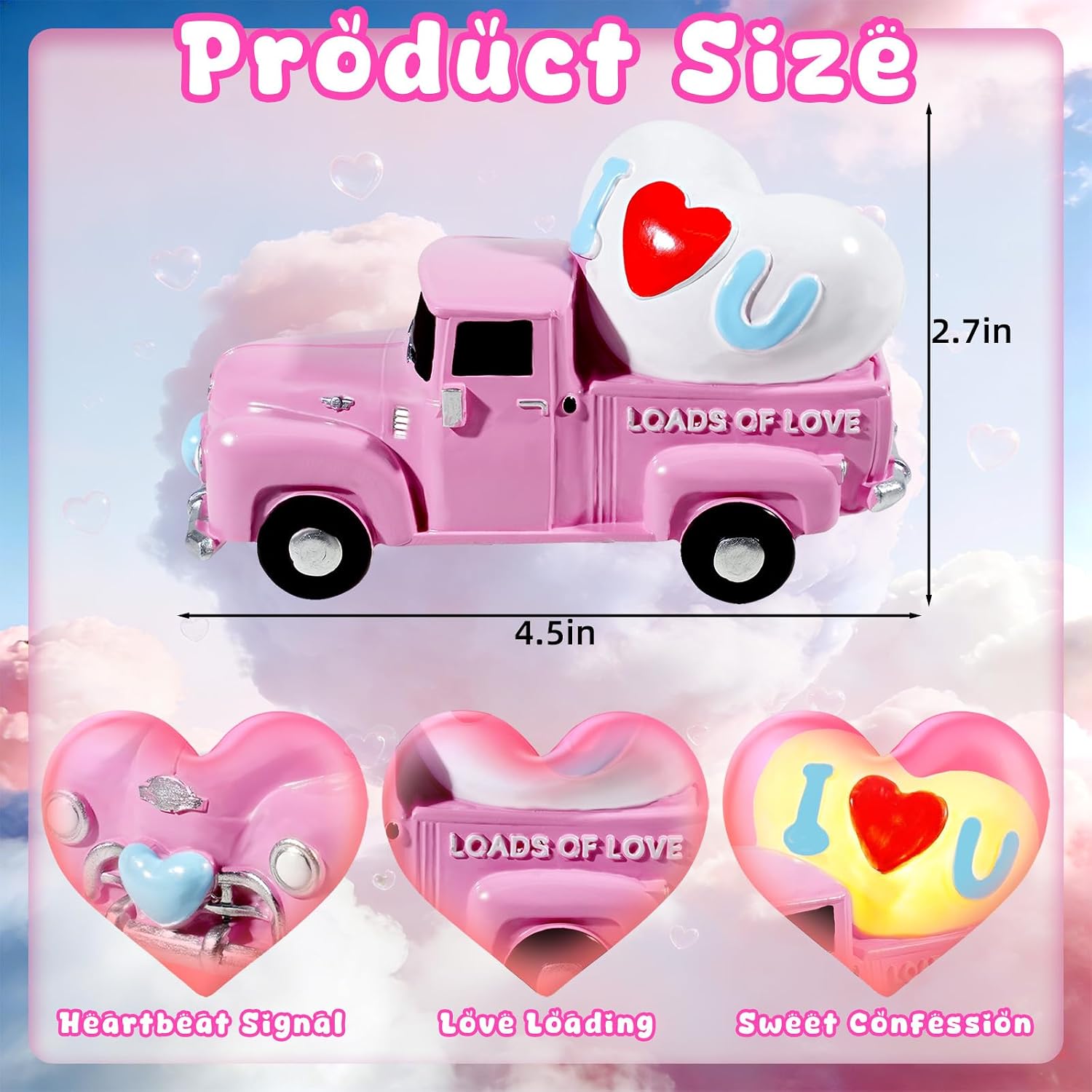 Wowagoga Valentine's Day Resin Truck - 4.5 Inch Mini Pink Heart-Shaped Figurine with Light up Romantic Tabletop Display for Couples and Home Decor