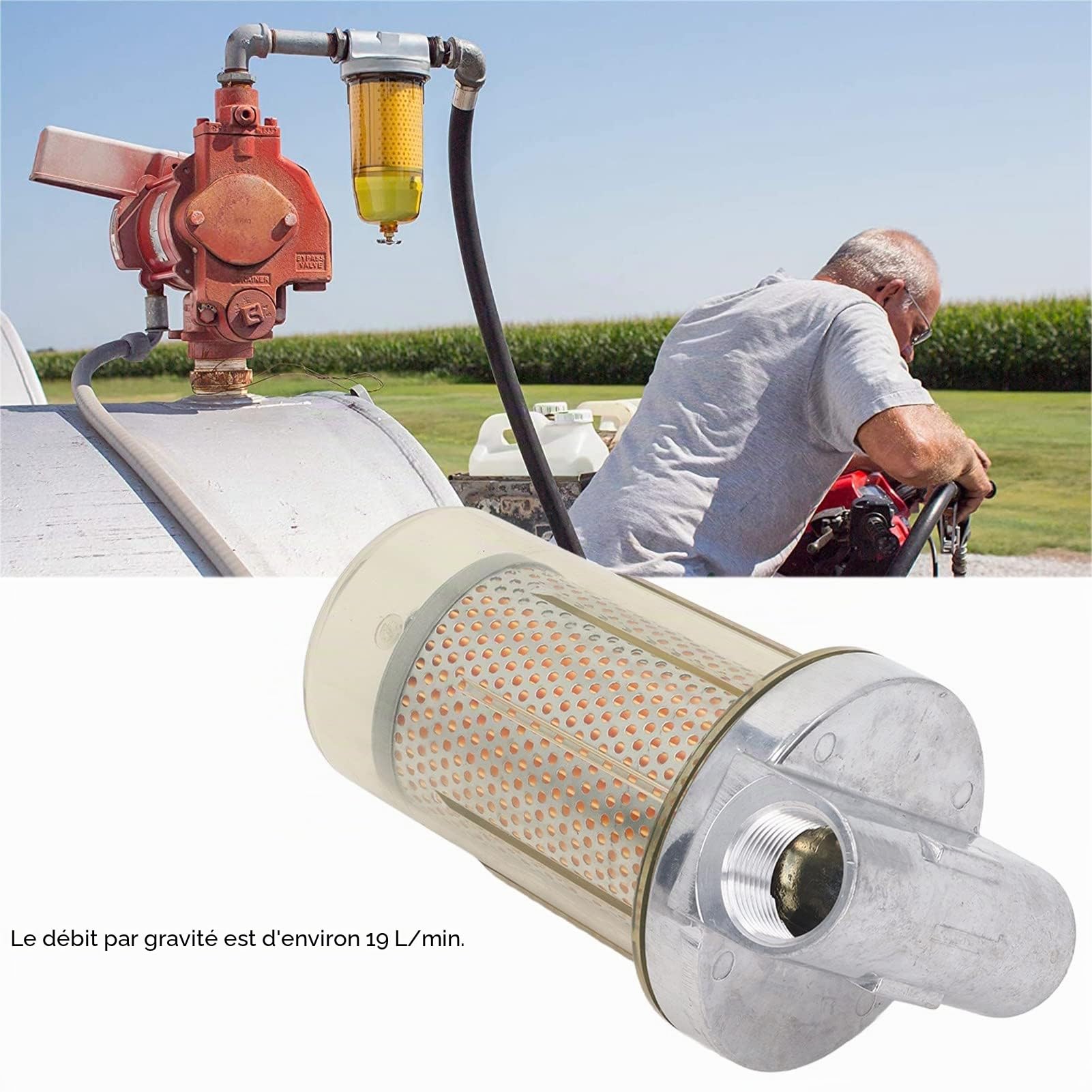 Filtre à carburant transparent 1,3 pouce, Filtre de Remplacement en Acier en Alliage de 30 Micron avec une Soupape de Vidange, 25 Gpm de Débit pour L'essence, diesel