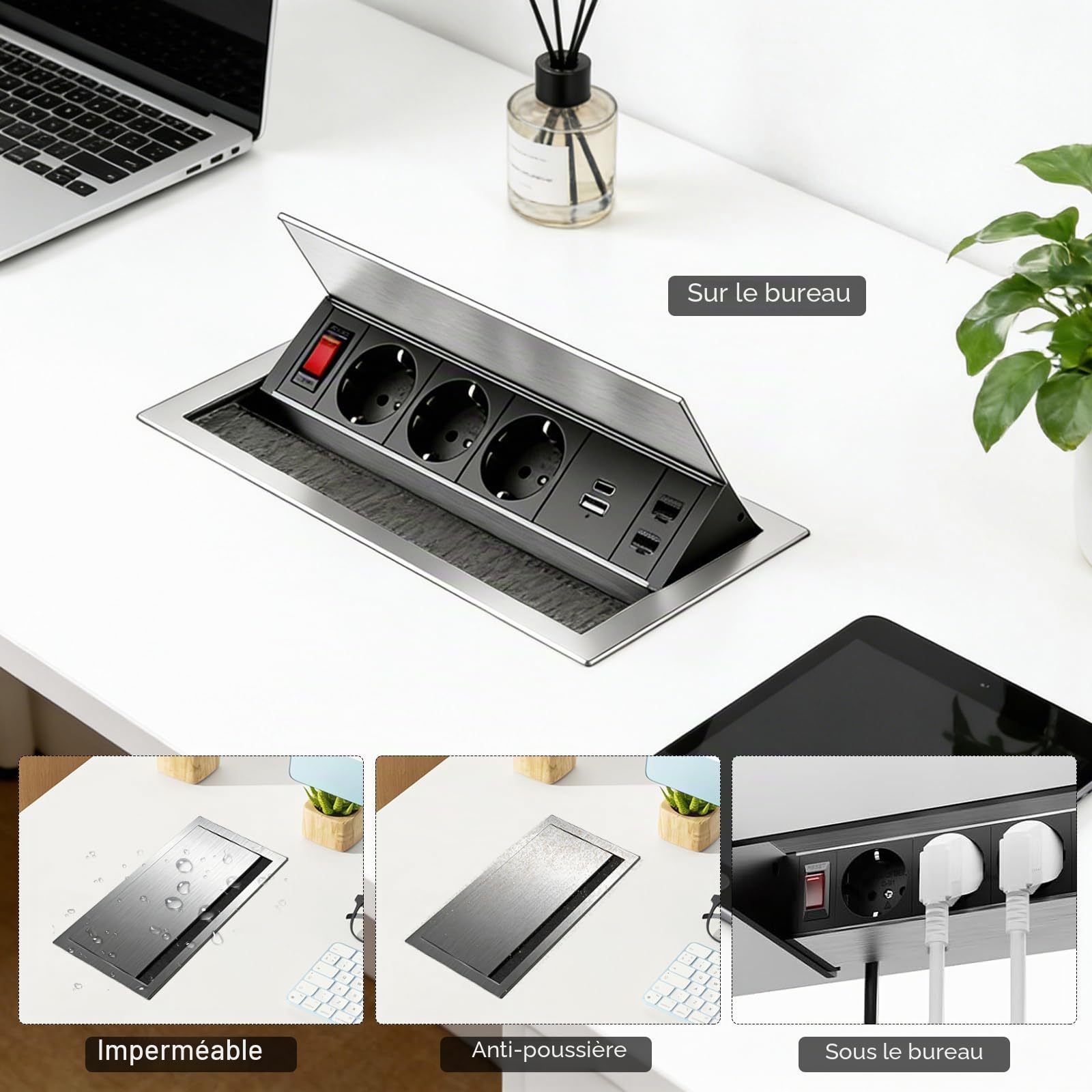 Multiprise Encastrable, Aluminium Prise Encastrable 3 Prises avec Types C, USB et 2 CAT6, Bloc Prise Escamotable avec Interrupteur pour Cuisines Bureaux Salle de Réunion, 1.8M Câble