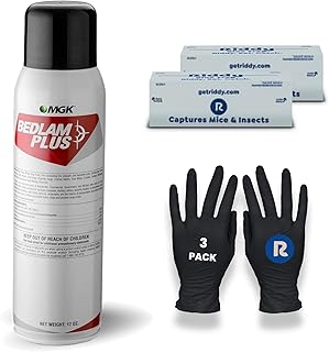 Bedlam Plus Aerosol Insecticide, 2-Pack Riddy Pre-Baited Glue Boards, 3 Pack Riddy Nitrile Gloves Included, Dual-Action Bed Bug Spray for Resistant Strains, Indoor Control