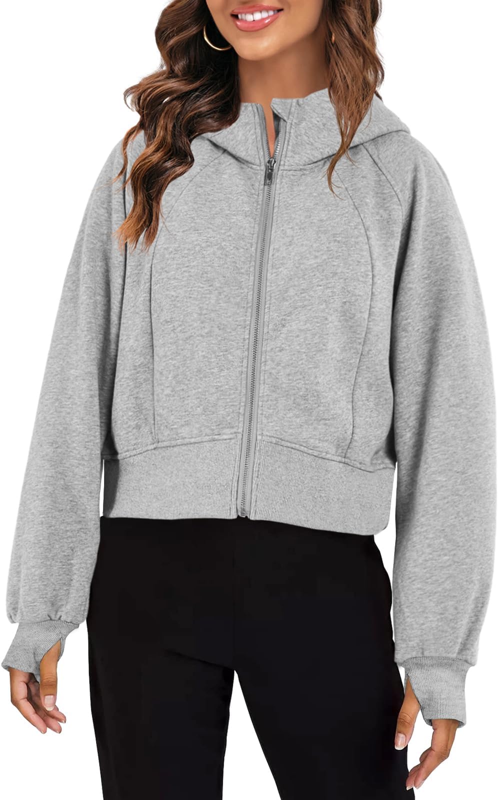 AurgelmirAurgelmir Women's Full Zip Open Front Sweatshirts Long Sleeve Crop Hoodies Jackets With Thumb Hole, Grey, M