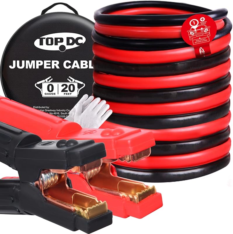 0 Gauge 20 Feet 1000 Amp Heavy Duty Jumper Cables for Car | 20 Feet extra long jumper cables for cars and diesel trucks; includes a case and gloves.