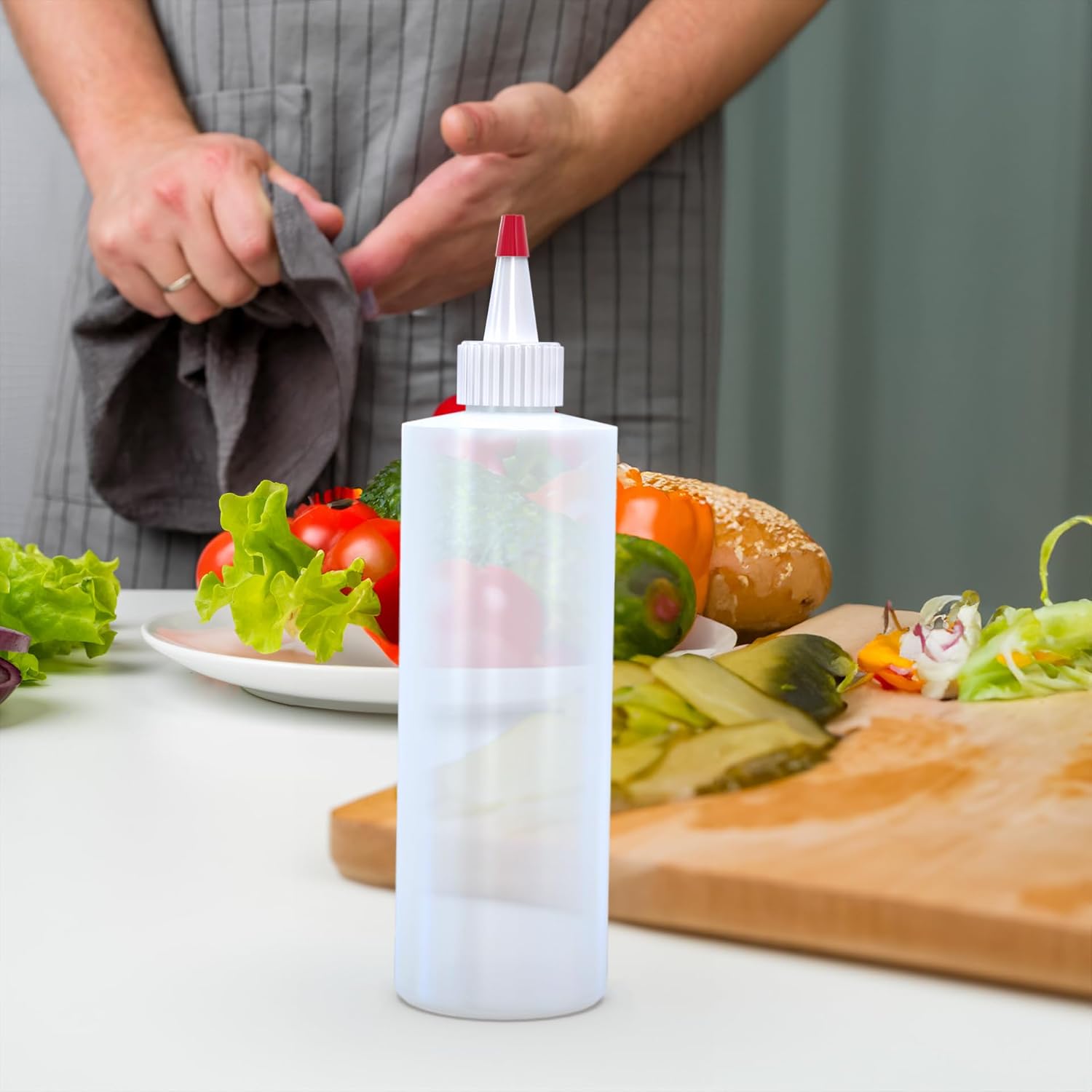 BRIGHTFROM Condiment Squeeze Bottles, 12 OZ Empty Squirt Bottle with Red Top Cap, Leak Proof - Great for Ketchup, Mustard, Syrup, Sauces, Dressing, Oil, Arts and Crafts, BPA FREE Plastic - 4 PACK