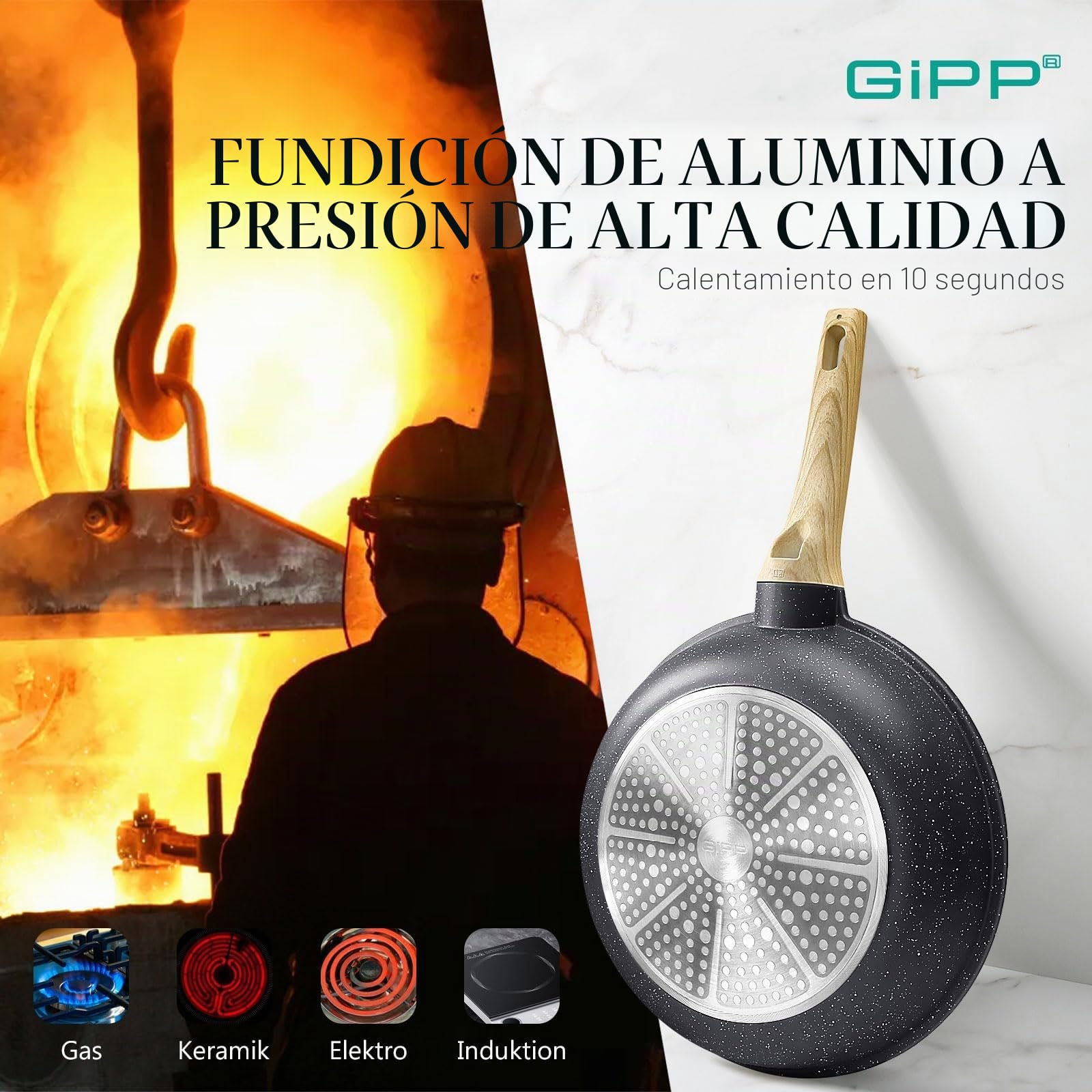GiPP Juego de sartenes, 20/24/28 cm, antiadherente, juego de sartenes de inducción, seguro sin PFOS/PFOA, fácil limpieza, adecuado para todos los tipos de cocina, sartén antiadherente y sin fricción