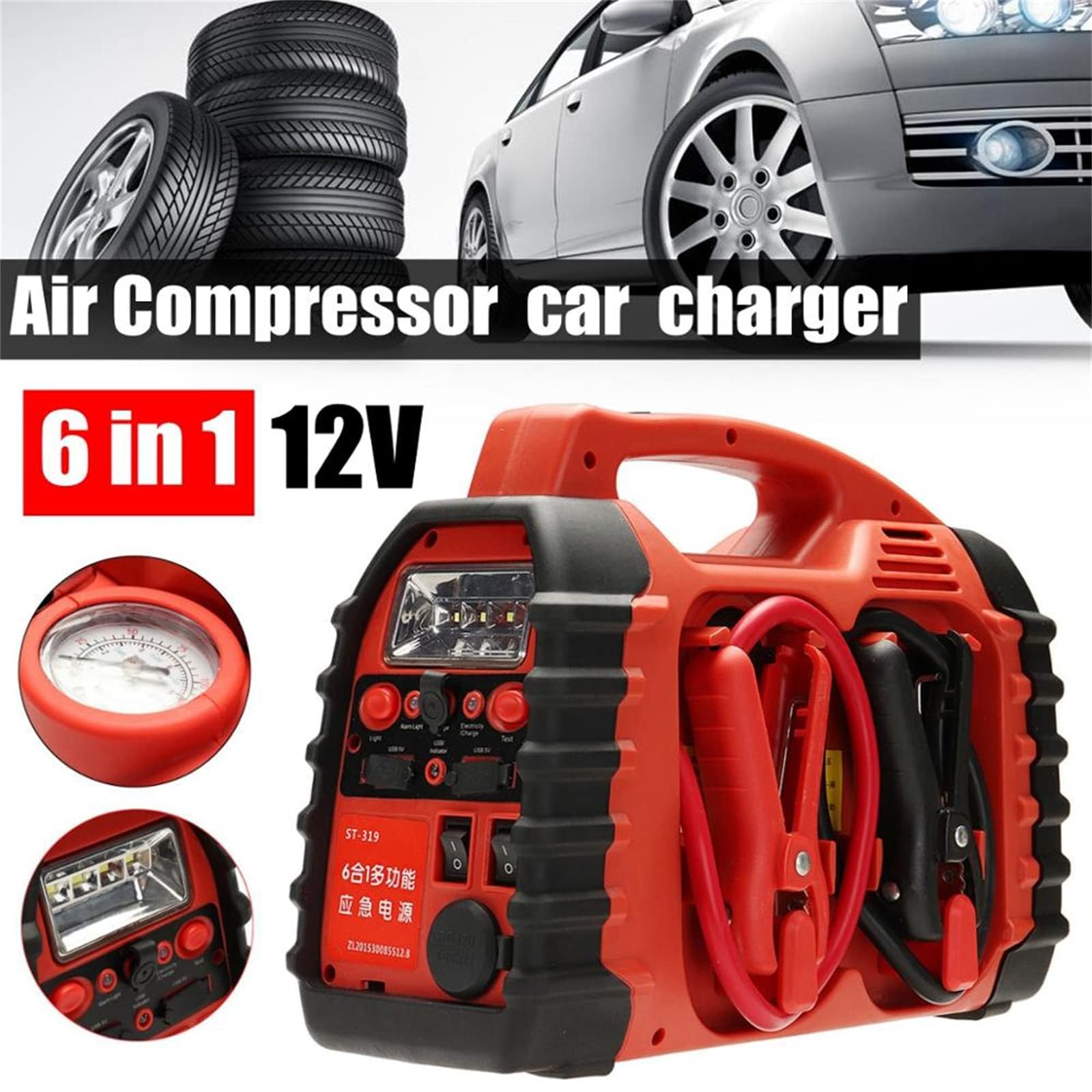 Arrancador de batería para Coche, 7 en 1, portátil, con compresor de Aire Integrado e inflador de Emergencia.