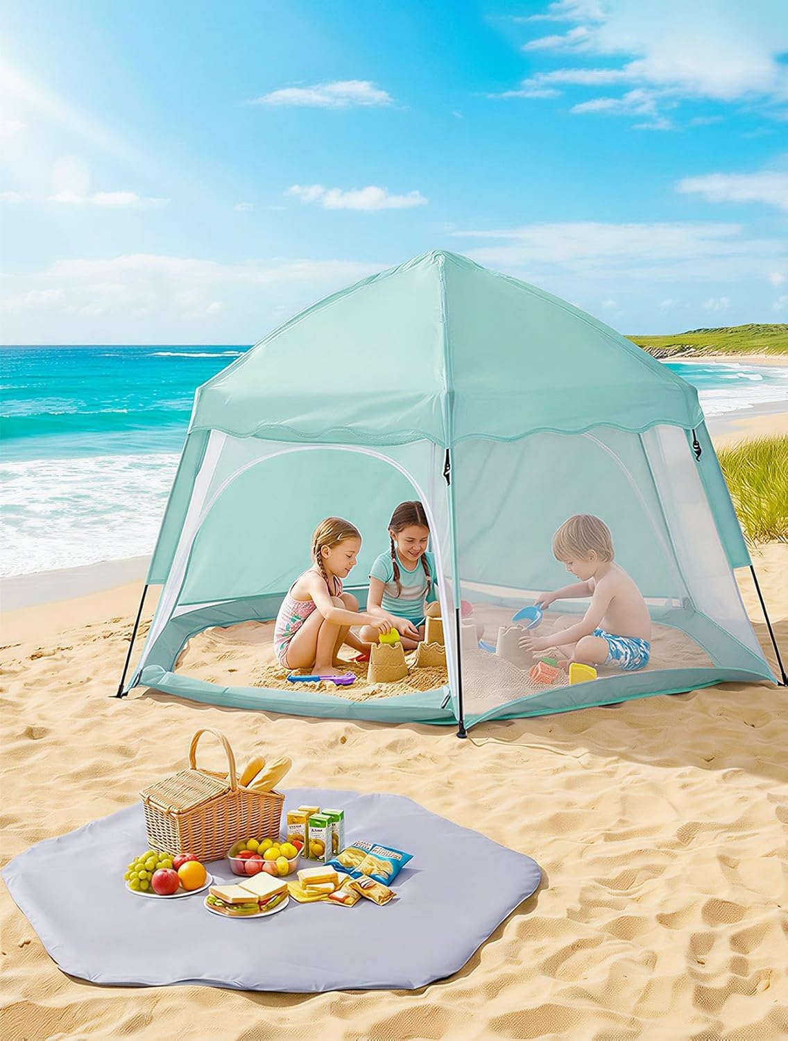 Porayhut Large Pop Up Play Tent for Kids, 78" Instant Toddler Playhouse with Removable Floor & UV50+ Sun Shade, 360° Mesh Mosquito-Free Tent for Indoor Outdoor Beach Backyard, Fits 4 Kids
