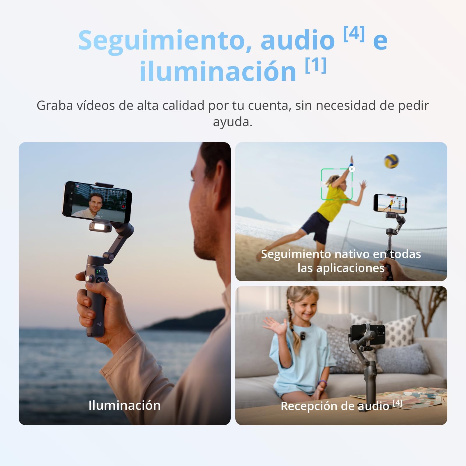 DJI Osmo Mobile 8 Estabilizador para teléfonos, Pack Seguimiento Avanzado, Seguimiento Nativo por IA con Audio e iluminación, rotación panorámica de 360°, Brazo Extensible y trípode