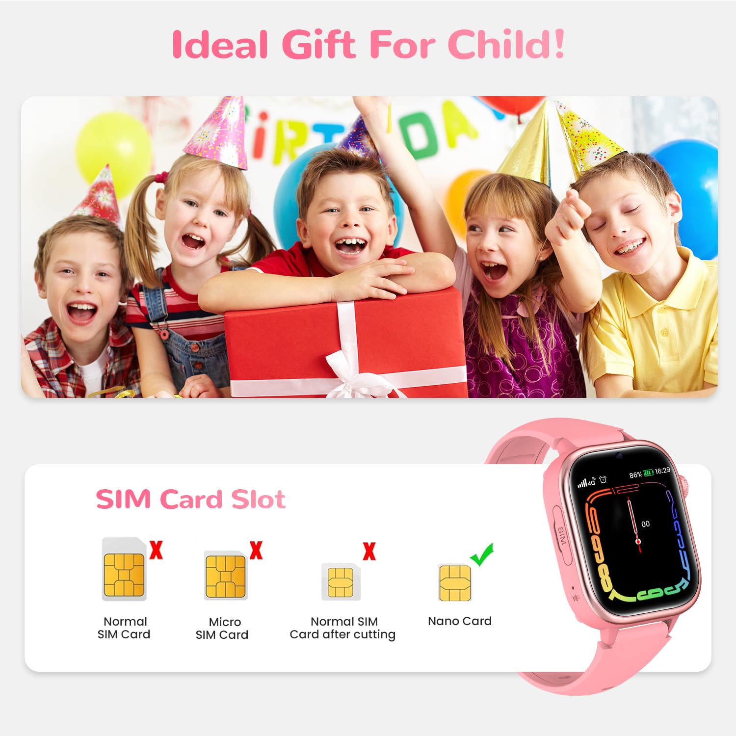 4G Smartwatch Bambini con GPS, Orologio Smartwatch Bambini con Chiamate, Videochiamate, Chat Vocale, SOS, Modalità Scuola, Sveglia IP68 Calcolatrice Contapassi Smart Watch per Ragazzi e Ragazze, Rosa