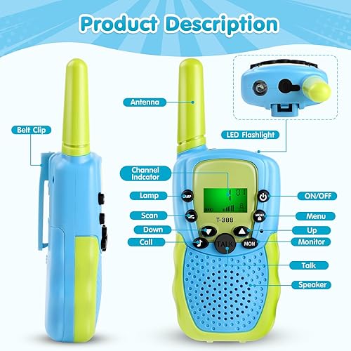 Miniatura 6 de GINMIC Walkie Talkie para niños, juguetes para niños de 3 a 12 años con linterna LCD retroiluminada, paquete de 2 walkie talkies de largo alcance 22