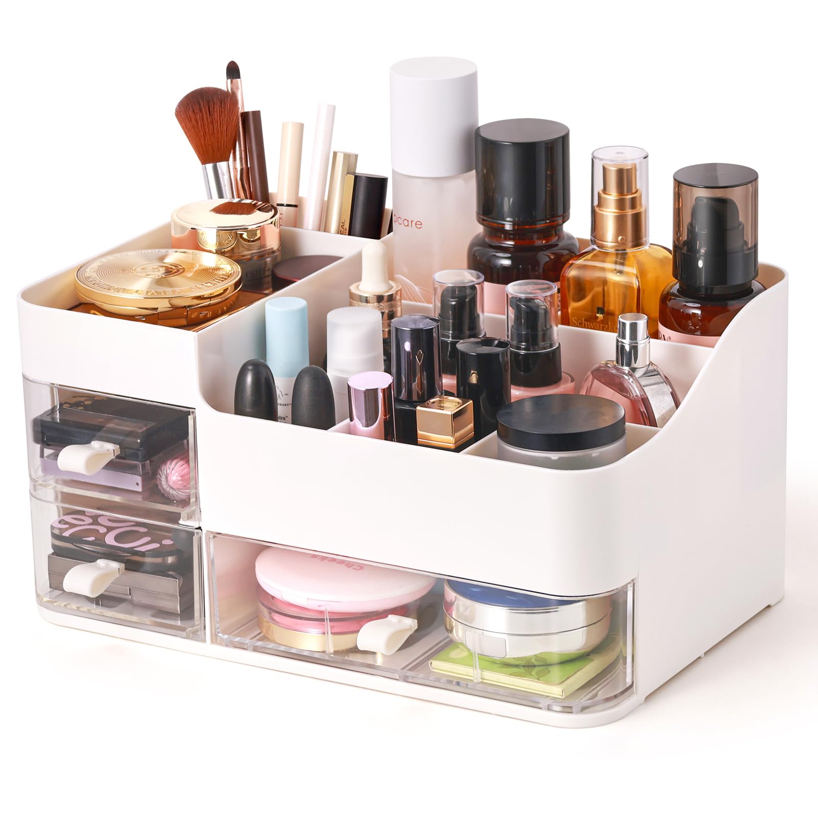 KPX Makeup Organizer Countertop for Vanity, Bathroom Makeup and Skincare Organizer, Cosmetic Storage Care Display Case With 3 Drawers for Lipstick, Nail Care and Jewelry (White Style)