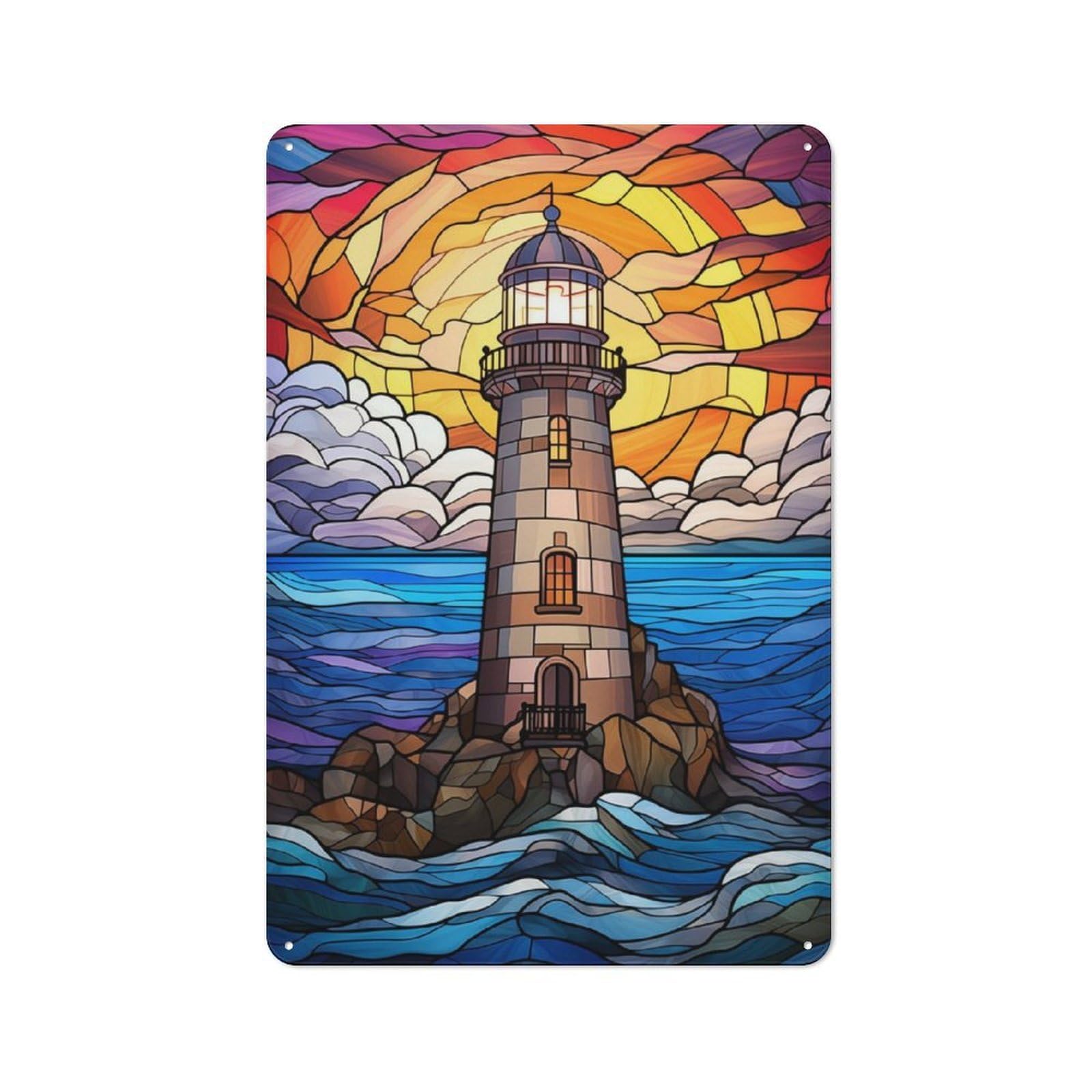 Junmoney Stained Glass Lighthouse Farmhouse Country Metal Sign 30X20cm, Cottage Wall Art For Farmhouse Kitchen, Pantry Or Dining Area