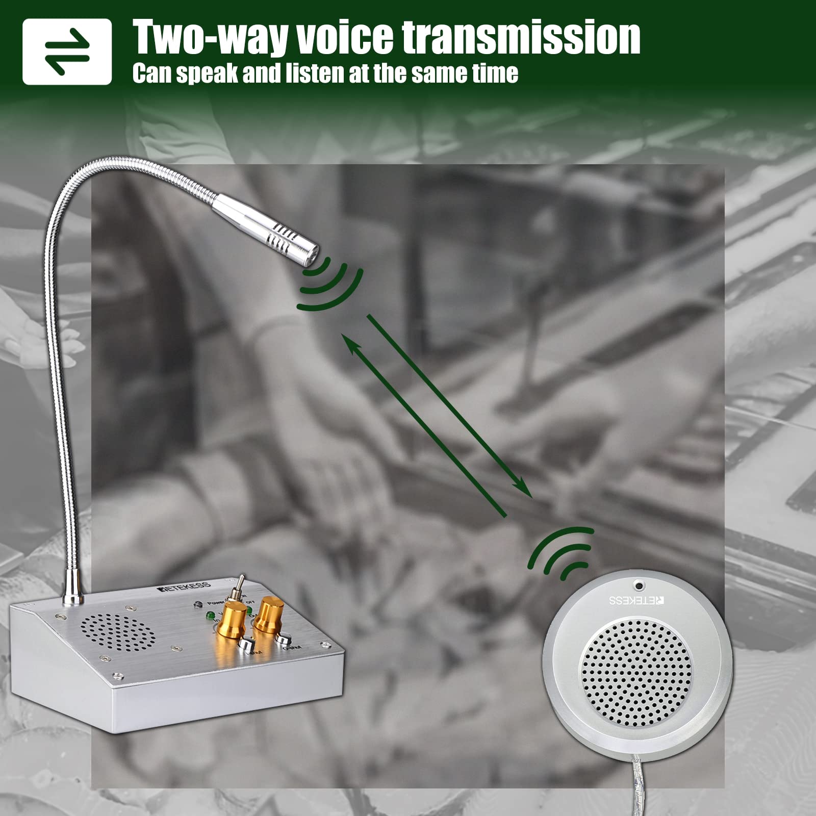 Retekess TW103 Sistema Altavoz de Ventana Sistema Banco de Intercomunicador 2W Micrófono de Ventana de Doble Vía para Banco Oficina Tienda (Plata)