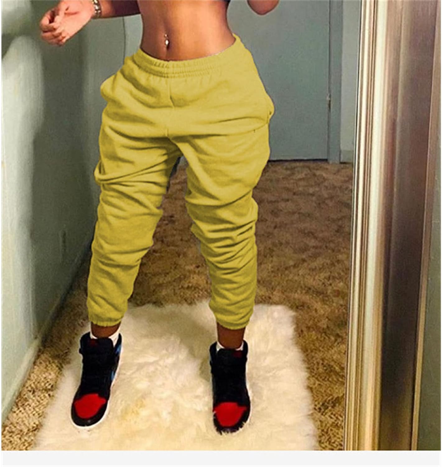 DGHM-JLMY Women's Relaxed Fit Straight Leg Casual Pants Skinny Leggings Stretchy Solid Elastic Tapered Ankle Trousers