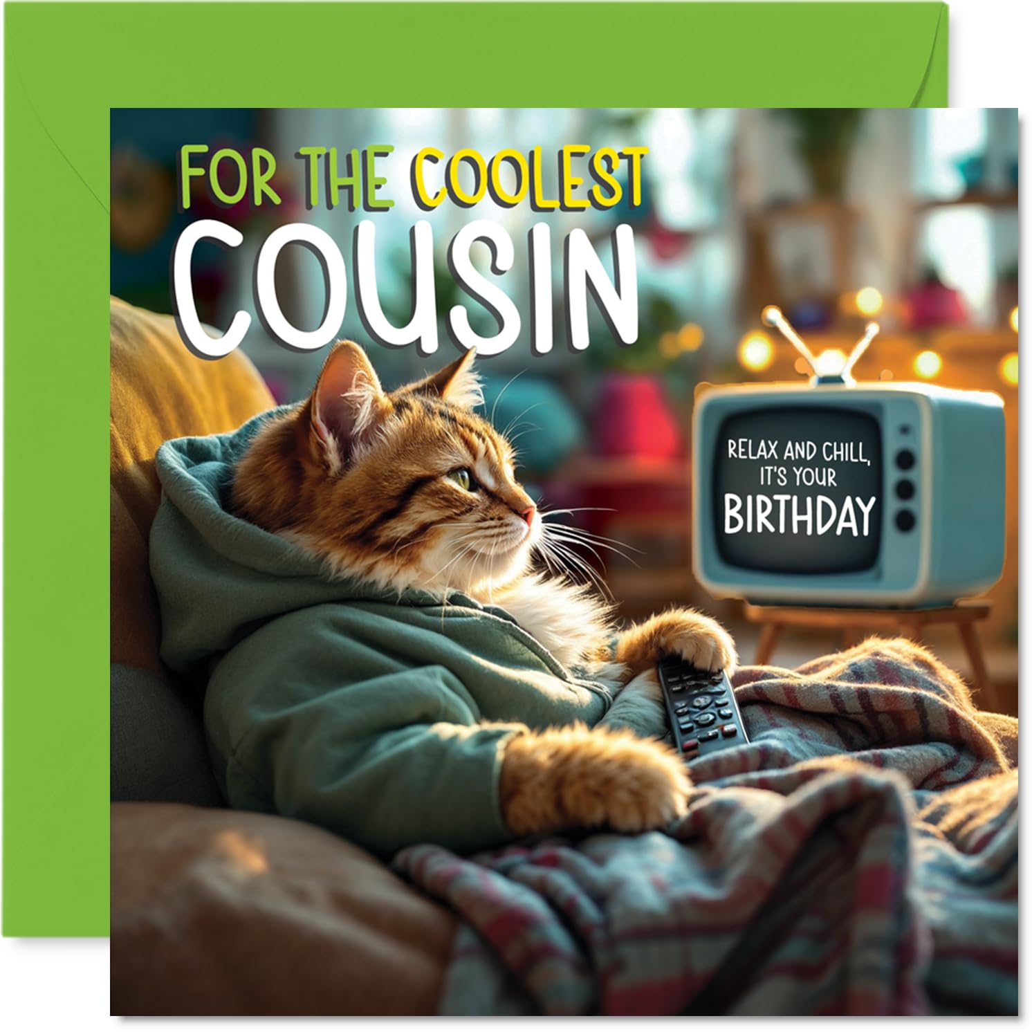 Cousin Birthday Card - TV Cat - Happy Birthday Card for Cousin from Family Relative, 145mm Cat Celebration Bday Greeting Cards