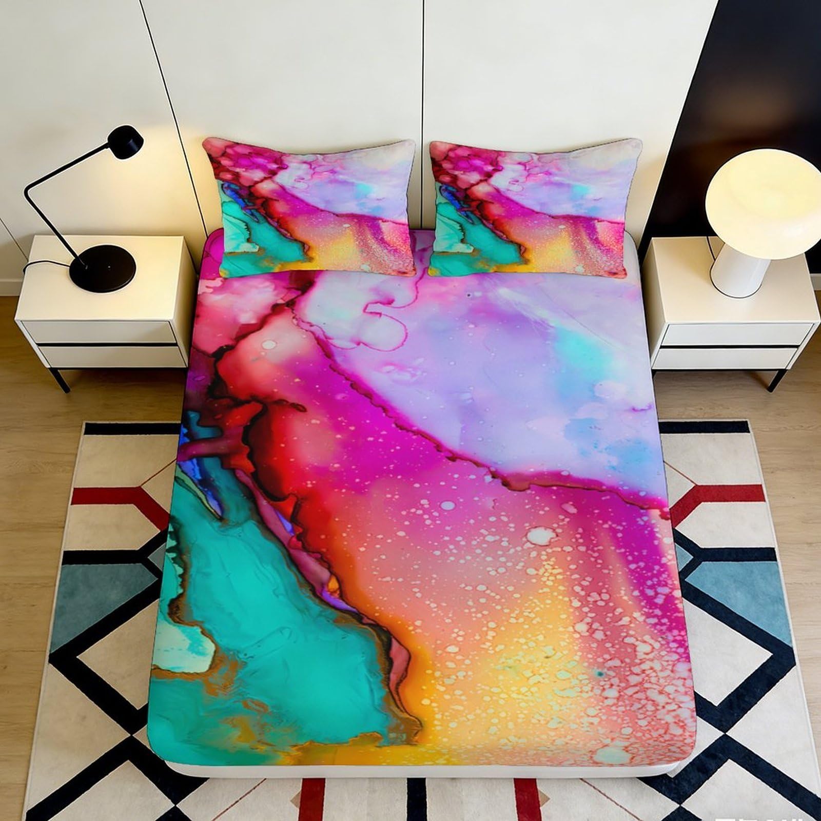 3D Printed Colorful Abstract Fitted Sheet Microfiber Soft Breathable Vibrant Marble Bed Cover for Bedroom Dormitory Guest Room Mattress Protection 140x200x25cm
