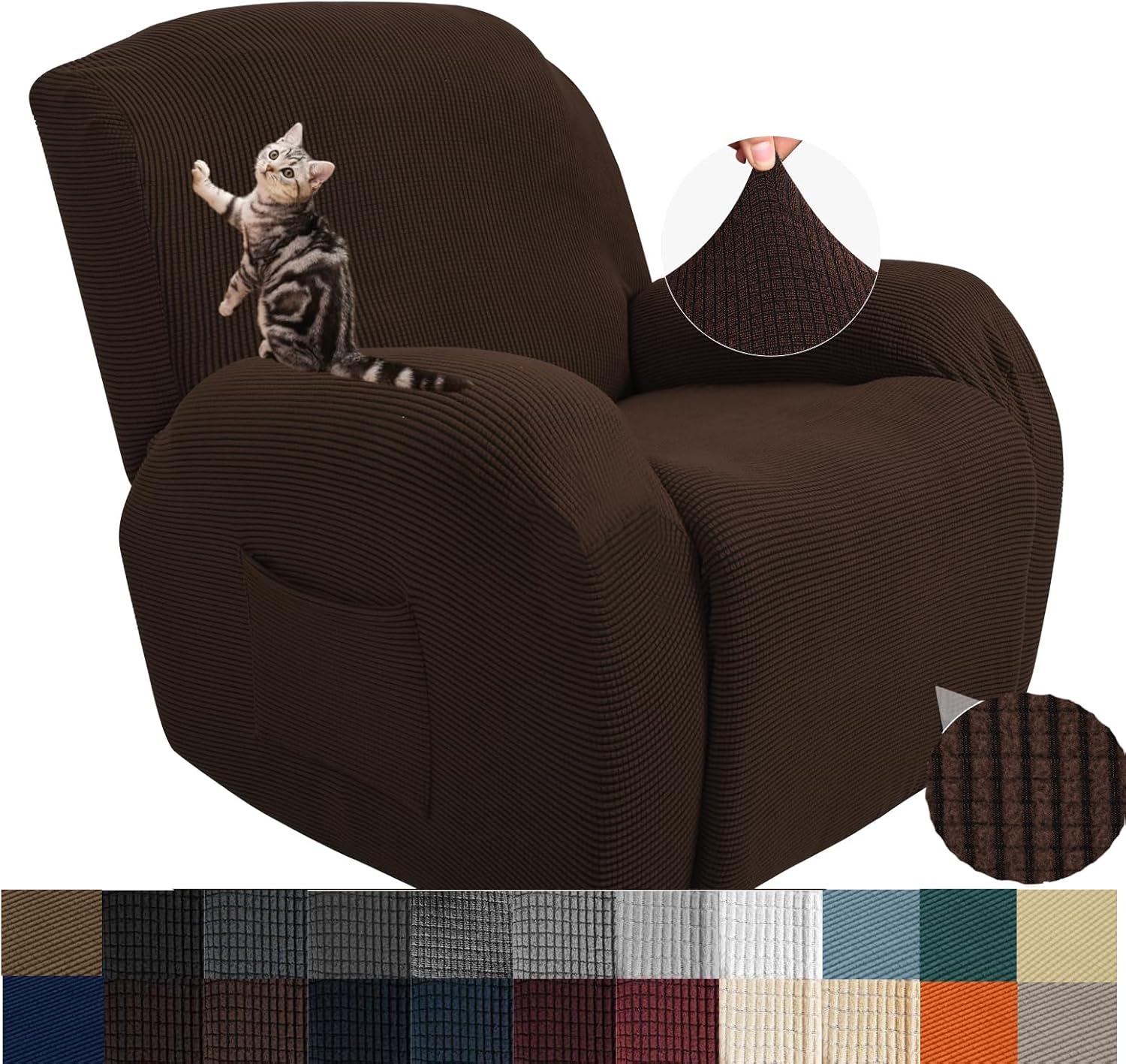 JIVINER 4 Pieces Recliner Chair Covers Stretch Recliner Covers Soft Couch Cover Slipcovers Furniture Protector with Elastic Bottom for Kids, Dogs (Recliner, Coffee)