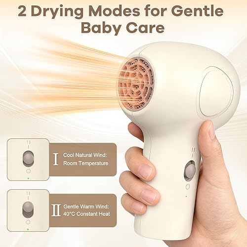 Miniatura 2 de Secador de pelo inalámbrico para bebé suave flujo de aire, mini secador de pelo portátil recargable para niños para viajes familiares, secador de