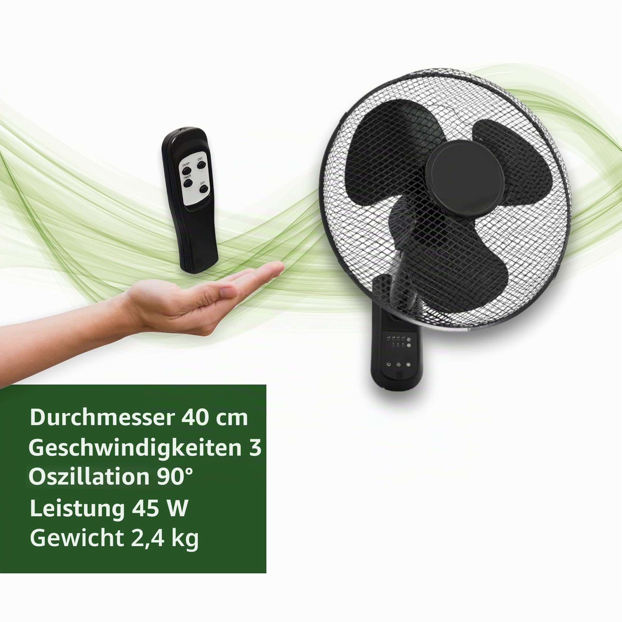 GROWMANIA Wandventilator, schwarz, mit Fernbedienung, 45 W, mit 3 Geschwindigkeitsstufen und Oszillation 90°, Fernbedienung
