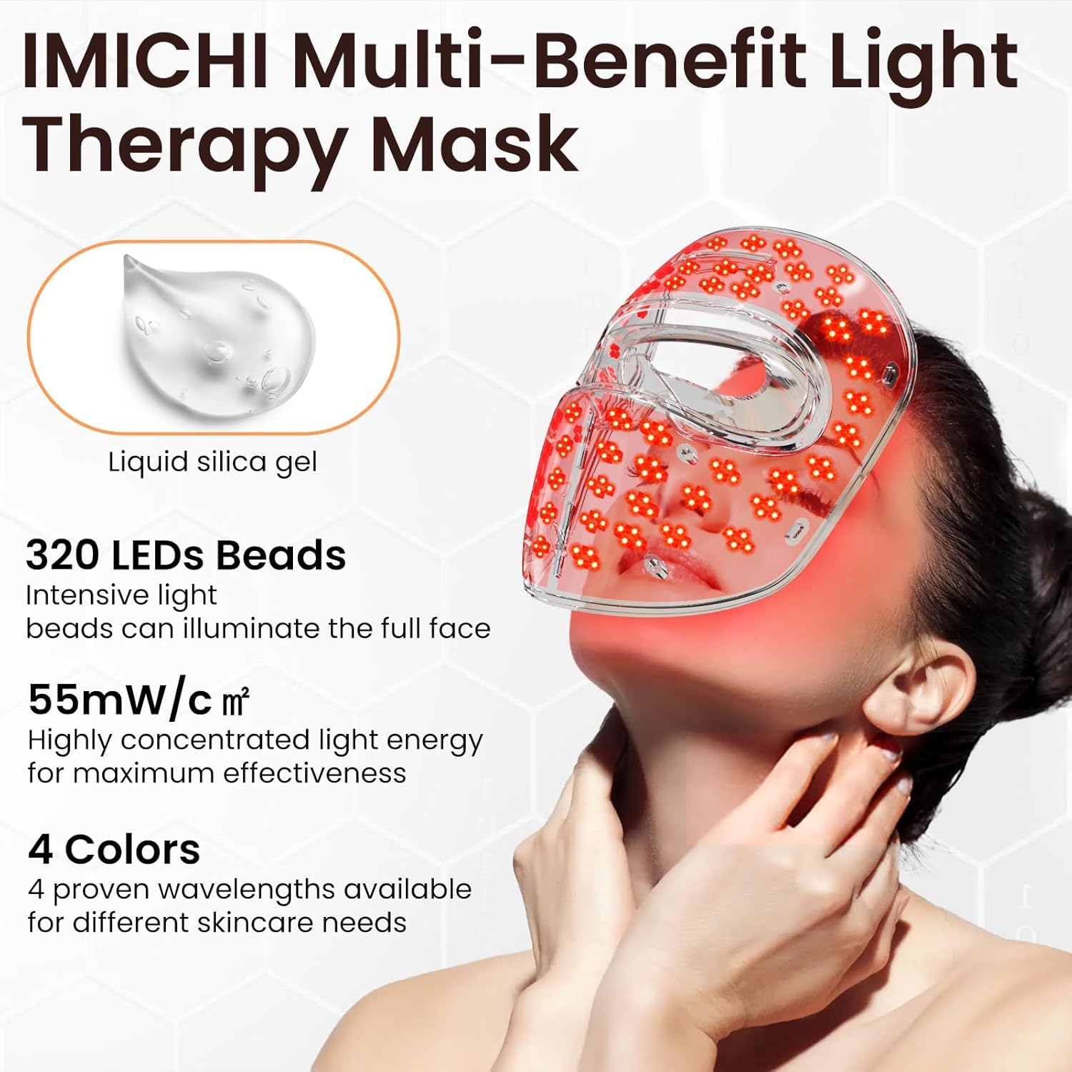 IMICHI Silicone LED Face Masks Light Therapy, 320 Pieces LEDs 4 Colours Light Therapy Mask for Anti-Ageing, Rejuvenation - Image 2