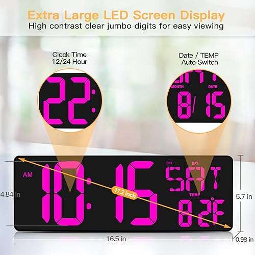Miniatura 8 de XREXS Reloj de pared digital grande con control remoto, pantalla LED de 16.5 pulgadas, temporizador de cuenta hacia arriba y hacia abajo, reloj
