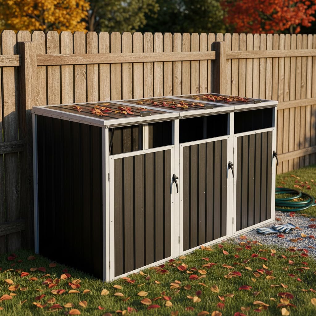 3er Mülltonnenbox aus Metall, Abschließbarer Mülltonnenunterstand für 240L Mülltonnen, Wetterfestes Mülltonnen-Schutzdach für Garten & Hof (Gray, 222×82×121 cm)