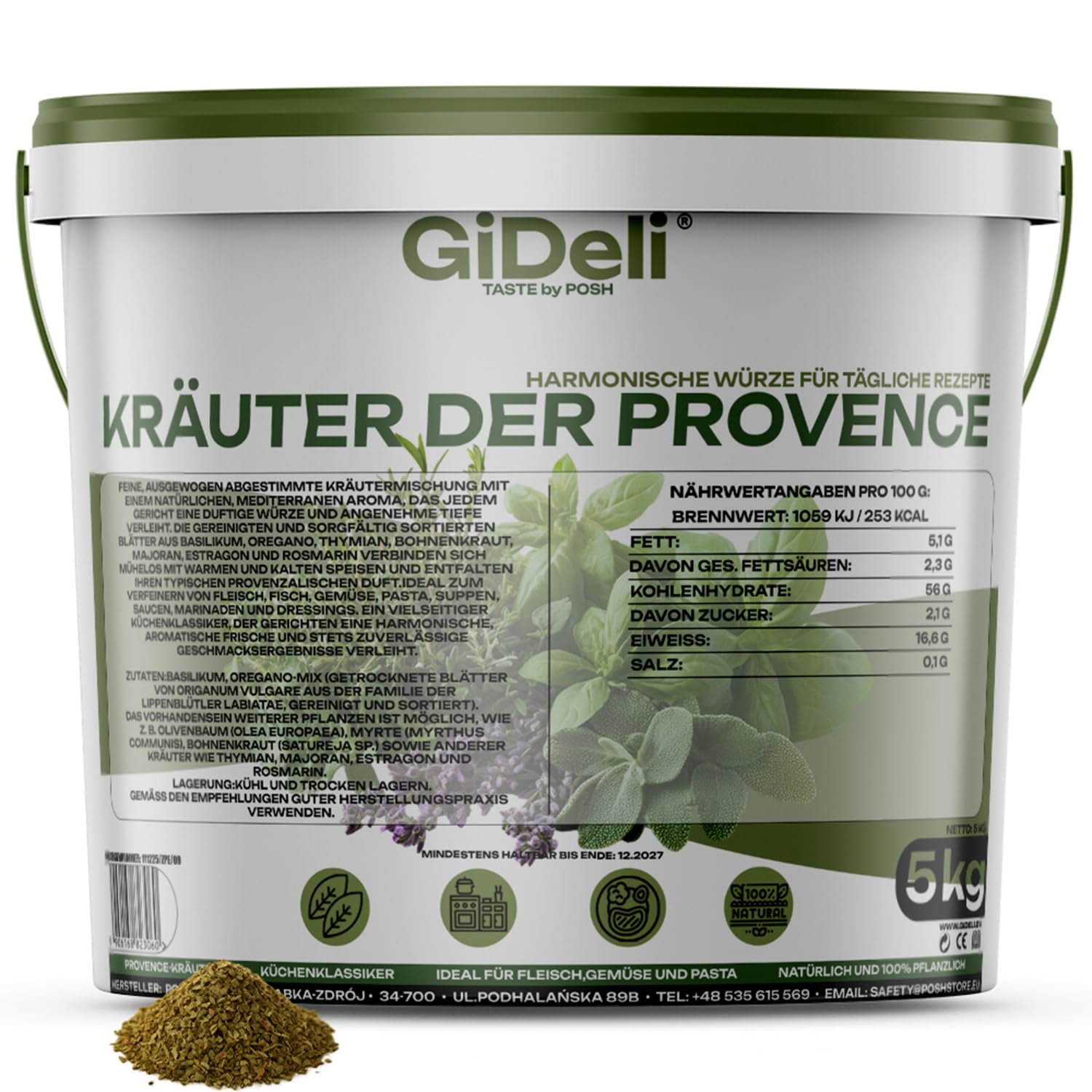 GiDeli Kräuter der Provence 5 kg im Eimer - Getrocknete Küchenkräuter - Fisch Gewürzmischung - Kräuterkomposition zum Würzen von Suppen und Eintöpfen