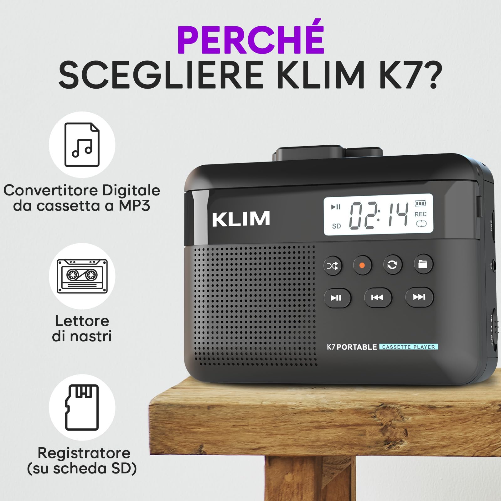 K7 Cassette Player MP3 Converter Portatile con Auricolari - Batteria Ricaricabile - Scheda SD 16 GB Nero