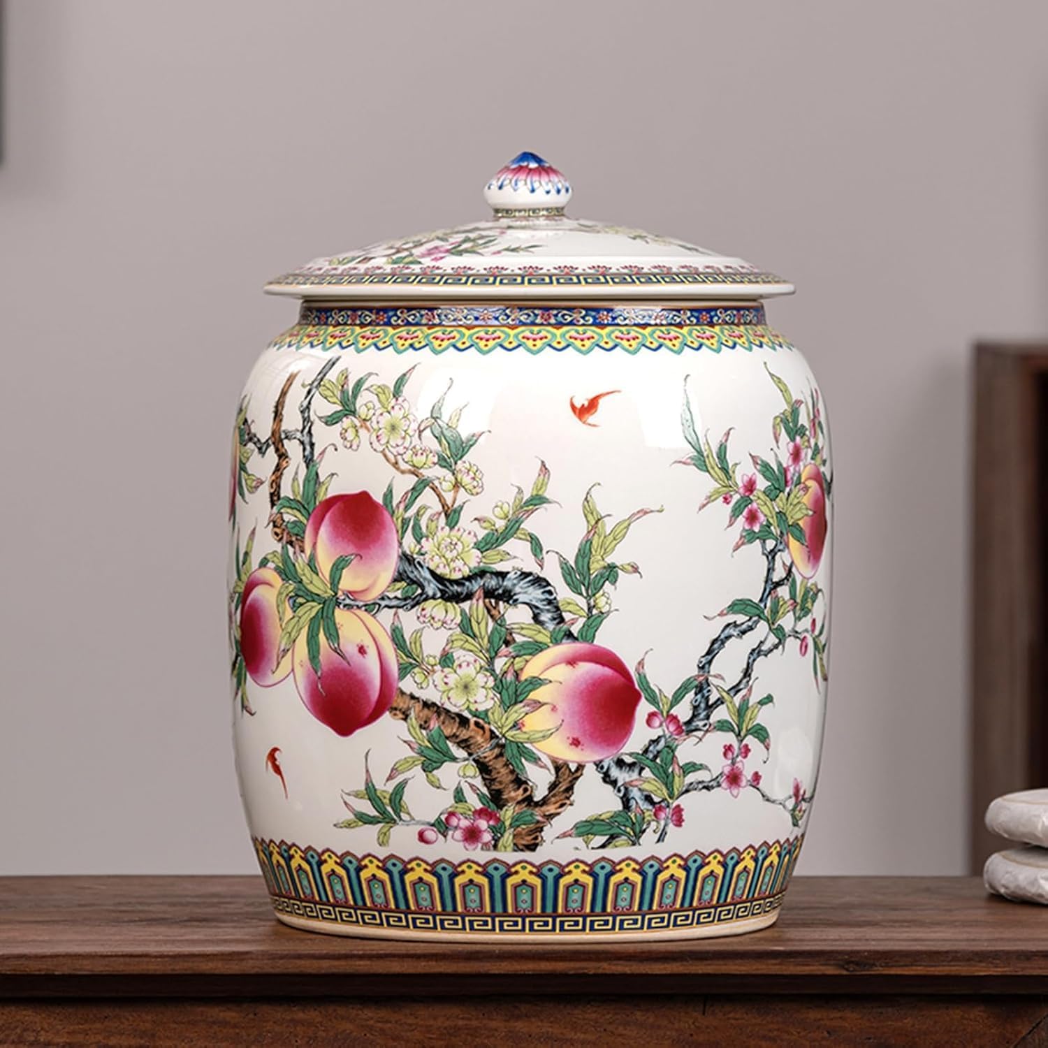 ELEFOCUS Large Ceramic Rice Bucket with Lid Dispenser Airtight Rice Kitchen Sealed Jar Grain Food Dispenser