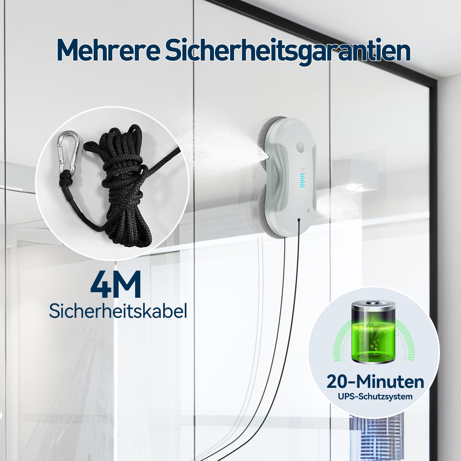 Fensterputzroboter Elektrisch, 5500-5800Pa Fensterroboter mit 2-Fach Sprühsystem, 80ML Tank, Intelligente Pfadplanung, Mehrfachschutz, für Innen- und Außenfenster