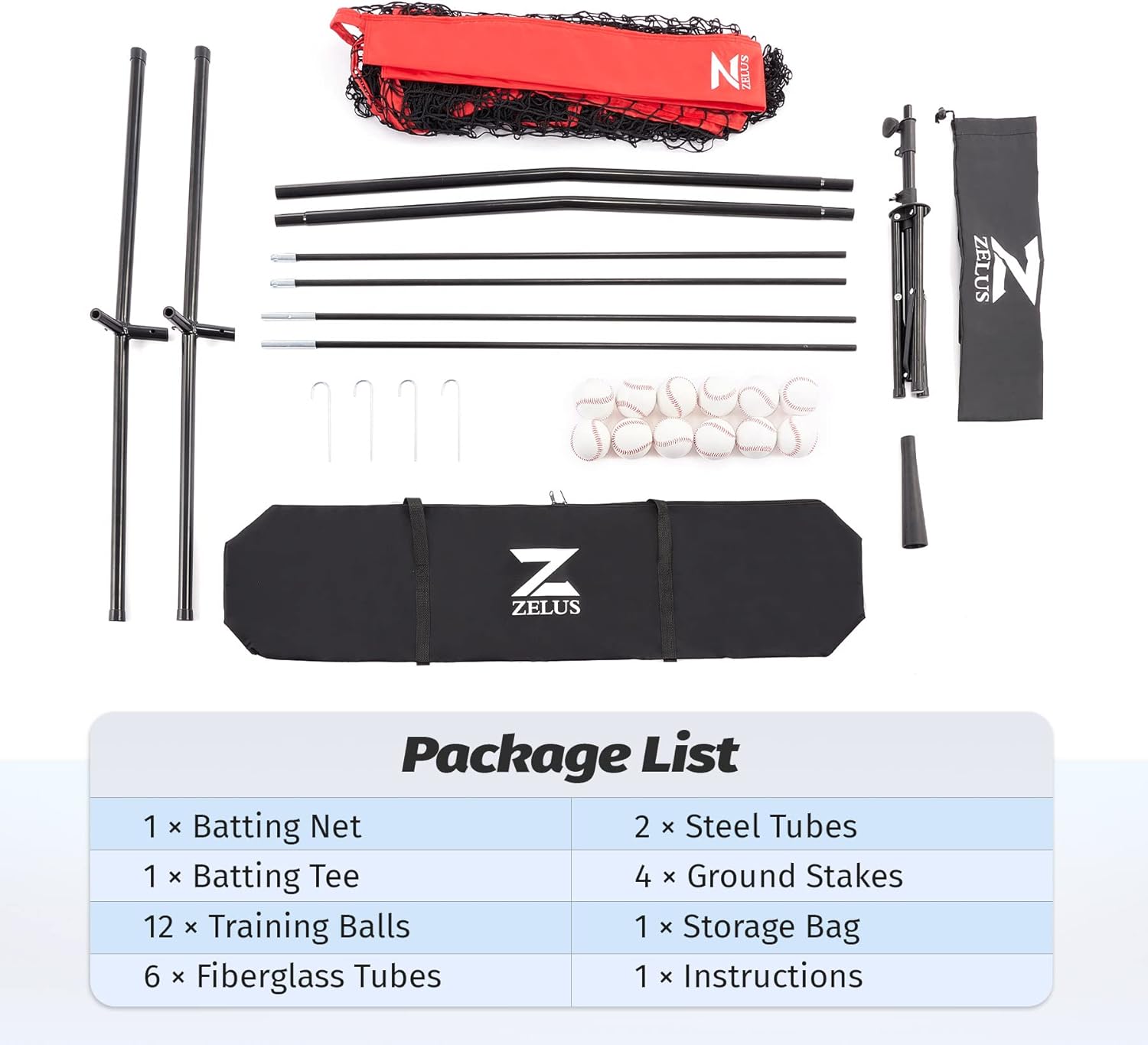 ZELUS Baseball Net Kit with Baseball Tee and Sock Net, 7x7ft Softball Baseball Training Equipment for Hitting & Batting Practice, Portable Indoor Outdoor Pitching Net with Carry Bag 12 Baseballs, Red : Sports & Outdoors