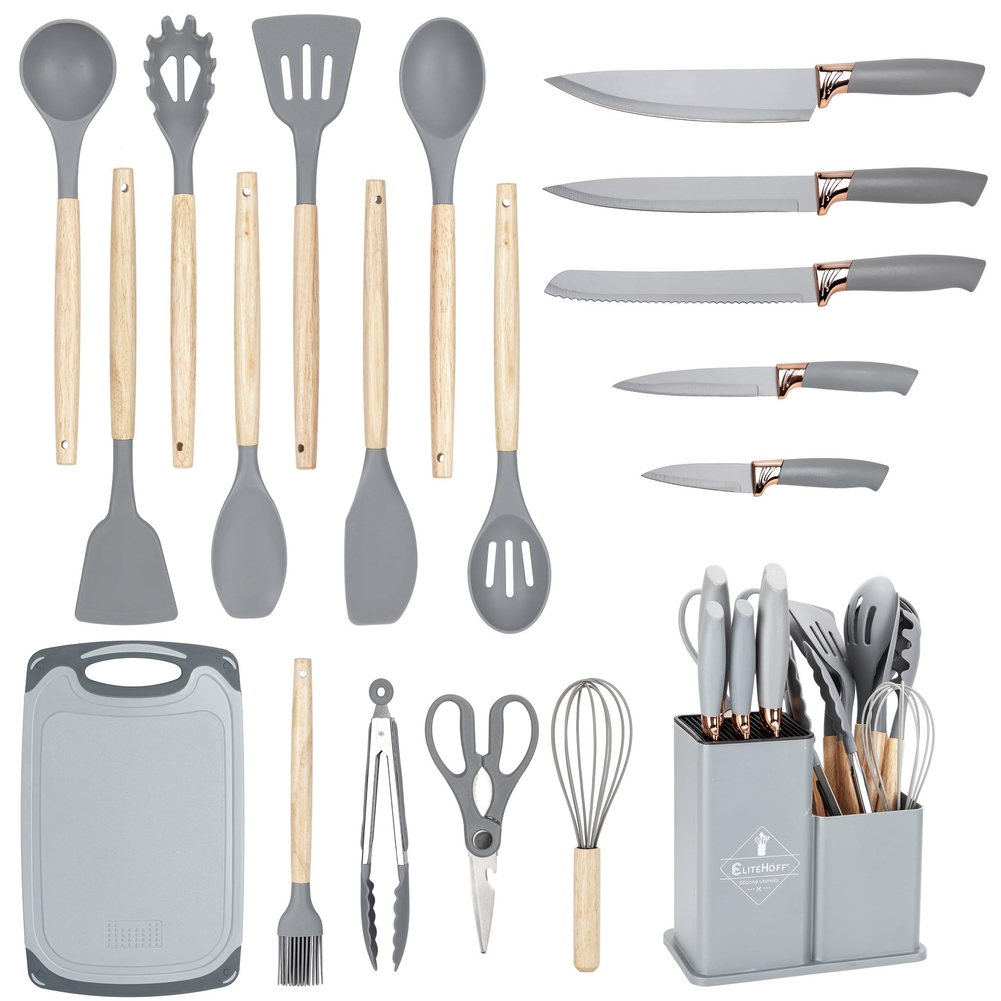 EliteHoff Juego de cuchillos de cocina de 19 piezas - Utensilios de silicona con mangos de madera, 5 cuchillos, 12 accesorios de cocina, tabla de cortar y soporte, sin PFOA, apto para lavavajillas (E