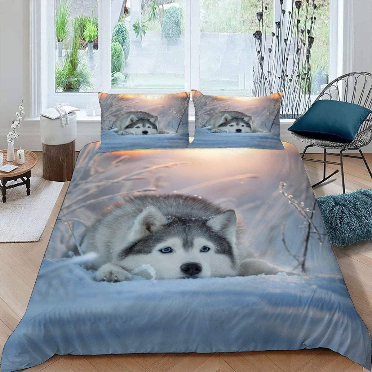 MEVASA King Bedding Set Husky 3d Printed Girls Boys Adults Soft Microfiber Fluffy Breathable Kingsize Duvet Cover Set Cute Dog Winter Snow Bedding King Size with 2 Pillow Cases /230x220
